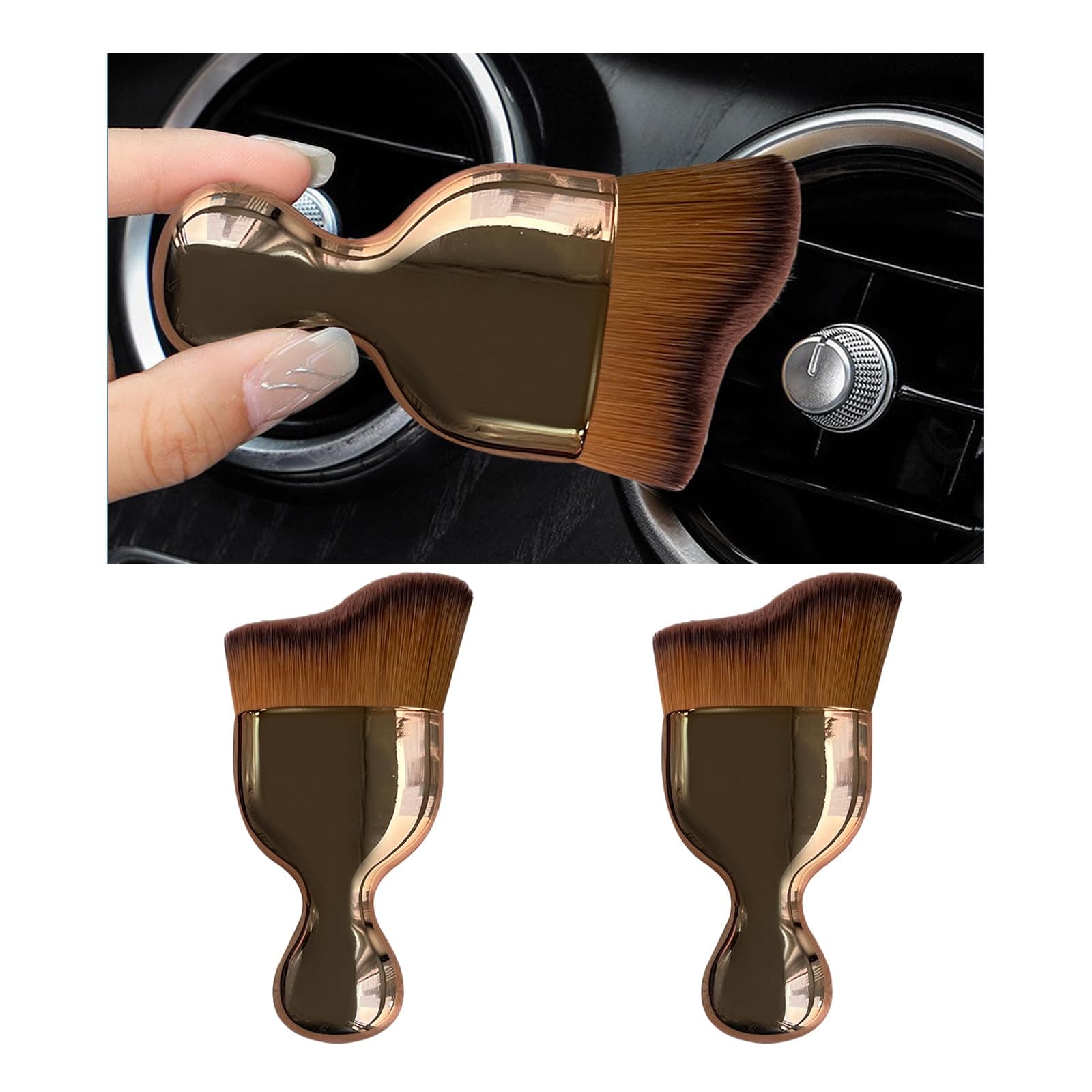2PCS Car Interior Dust Brush, Soft Scratch Free Auto Detailing Brushes, Universal Vehicle Interior Cleaning Tool for Automotive Dashboard, Air Vents, Leather (Rose Golden)