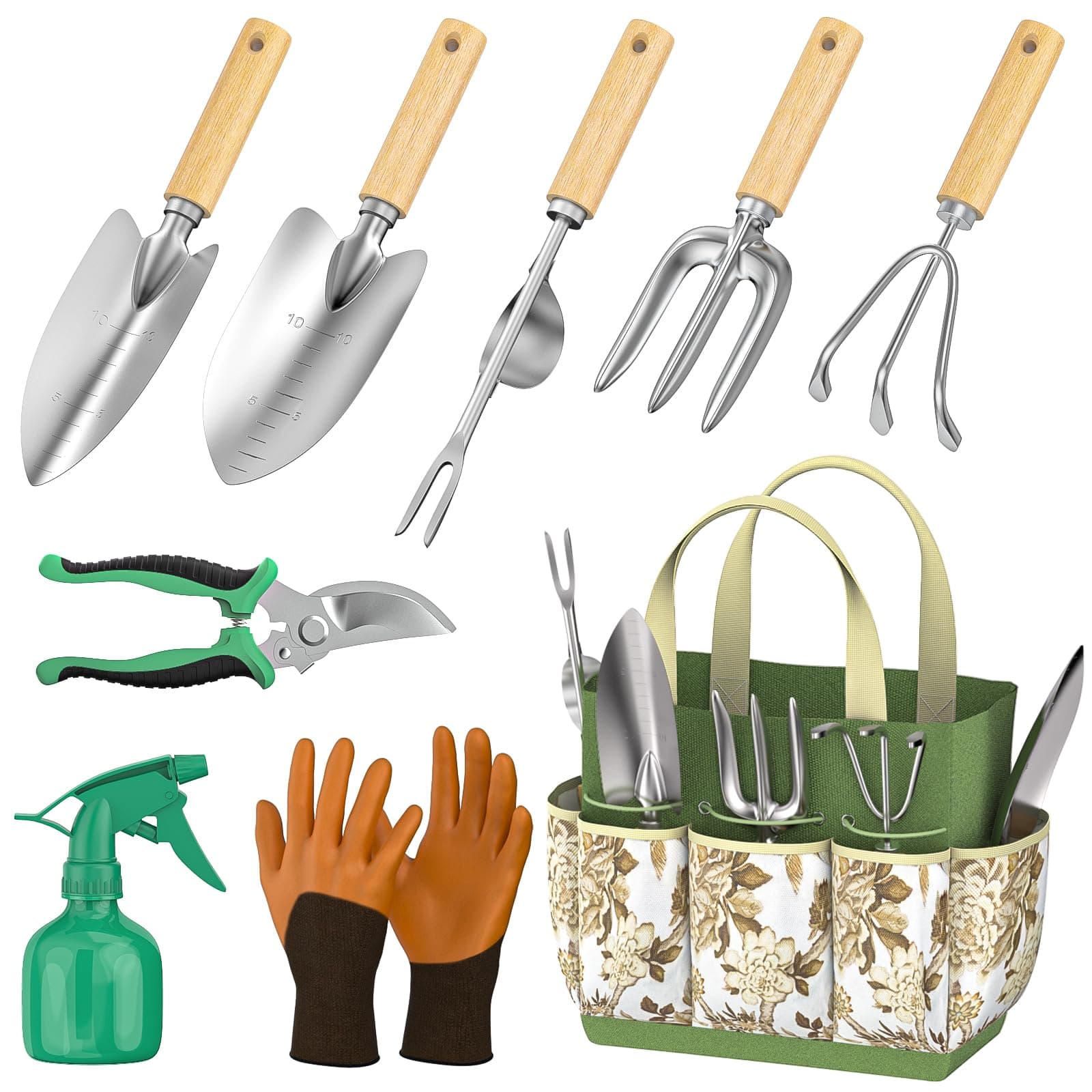 Garden Tools Set, 9 Pieces Gardening Hand Tool Gift Kit, Stainless Steel Gardening Gifts for Women & Men with Heavy Duty Tool Bag for Easy Storage