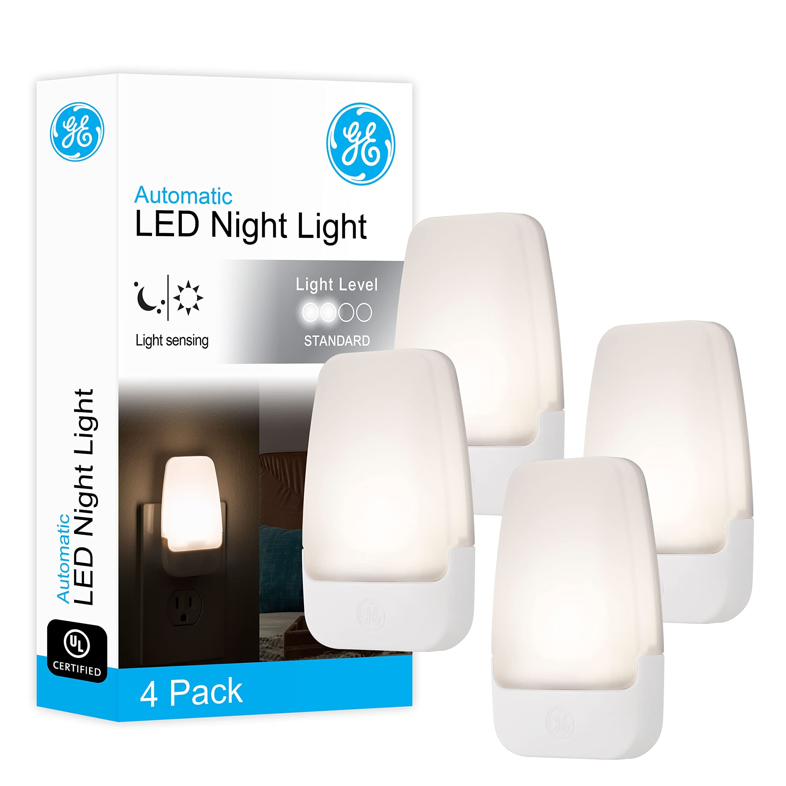 GE 46882 Bright White, 3000K, 4 Pack LED Night Light, Dusk to Dawn Sensor, UL-Listed, Ideal for Kitchen, Home Office, Bedroom, Nursery, Bathroom, 4