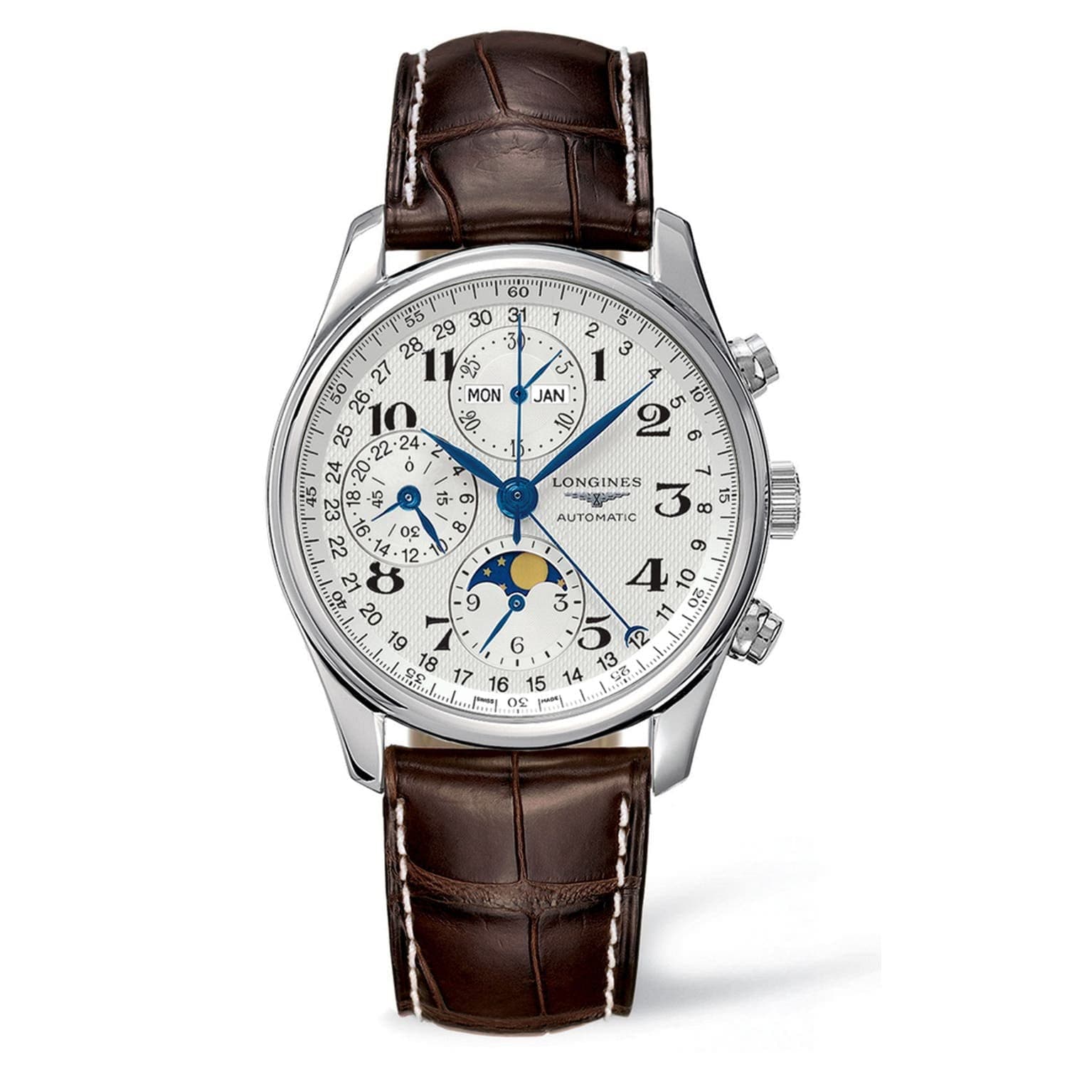 Longines Watches- Longines Master Complications Moonphase Automatic Chronograph Transparent Case Back Men's Watch, Strap