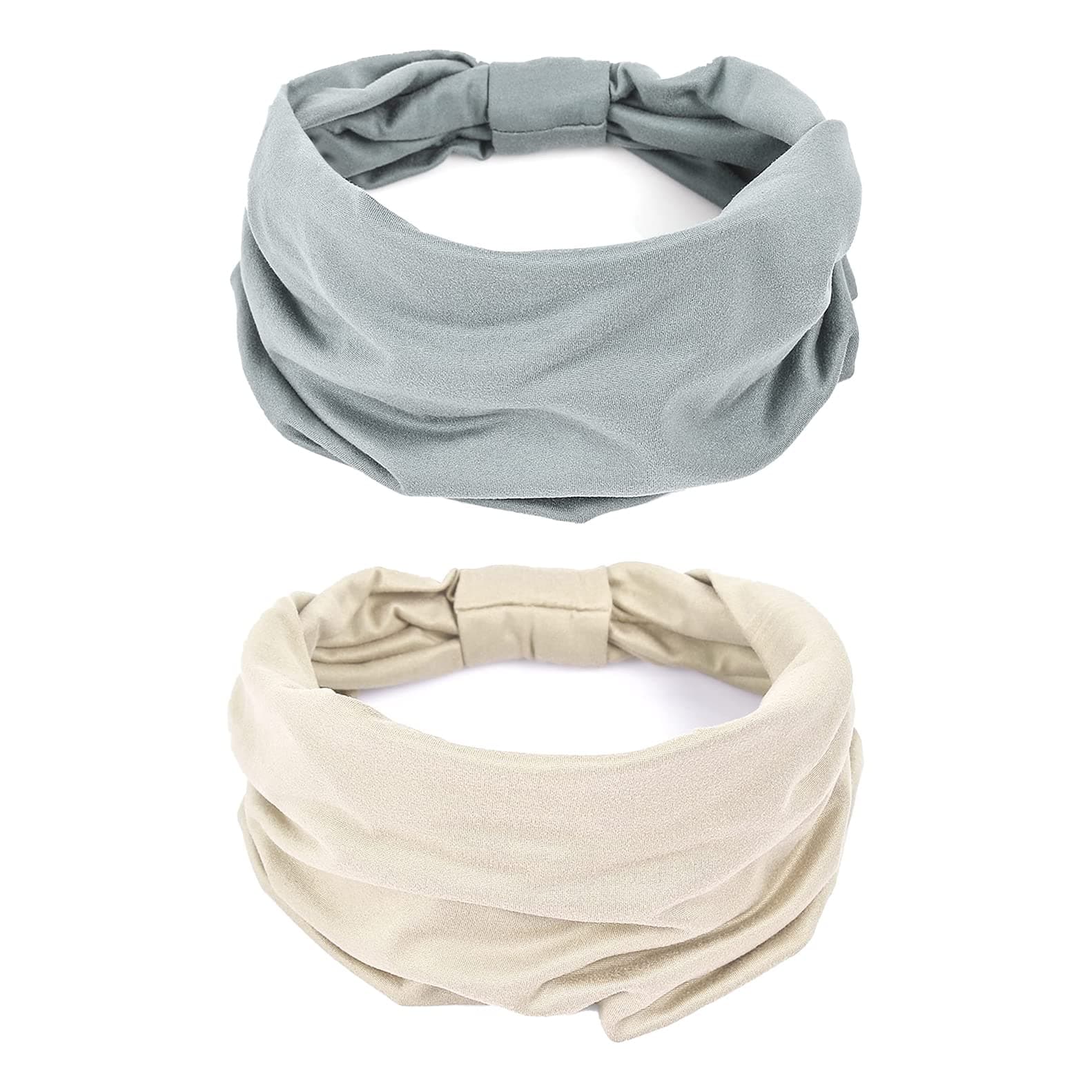 MAKINGTEC 2 Pack Wide Headbands for Women, Boho Knotted Sweat on-Slip Fashion Hair Bands, Head Wraps Elastic Soft Cotton Cloth Turbans Bandana for Yoga, Running, Sport (grey+beige)