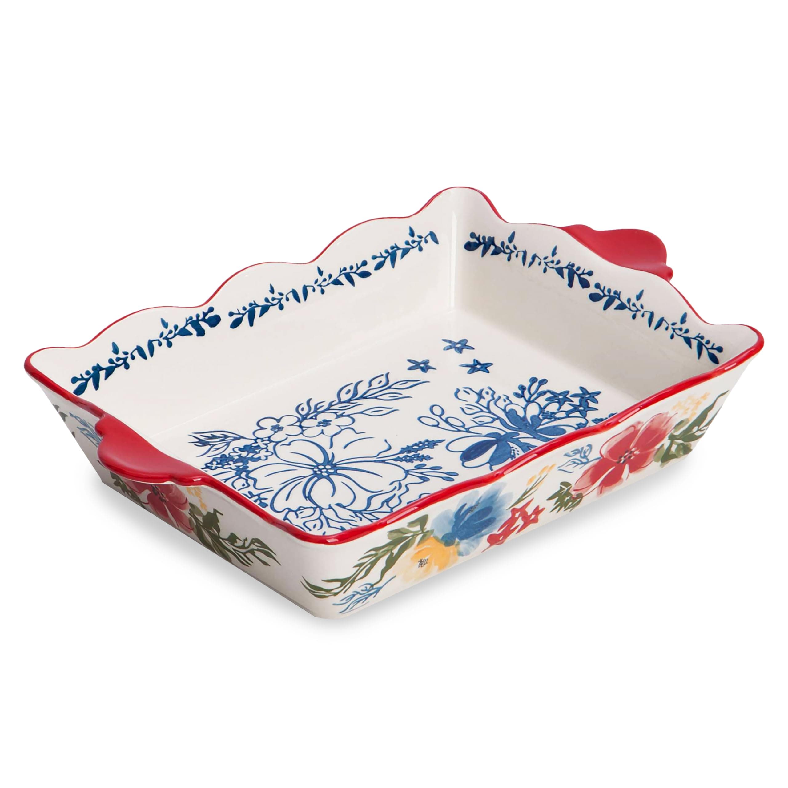 Casserole Dish Baking Dish Ceramic Baking Pan, 9x13 Baking Pan, Nonstick Baking Dishes for oven, Red flower pattern Lassagne Pan, Casserole Dishes with handles, for Kitchen