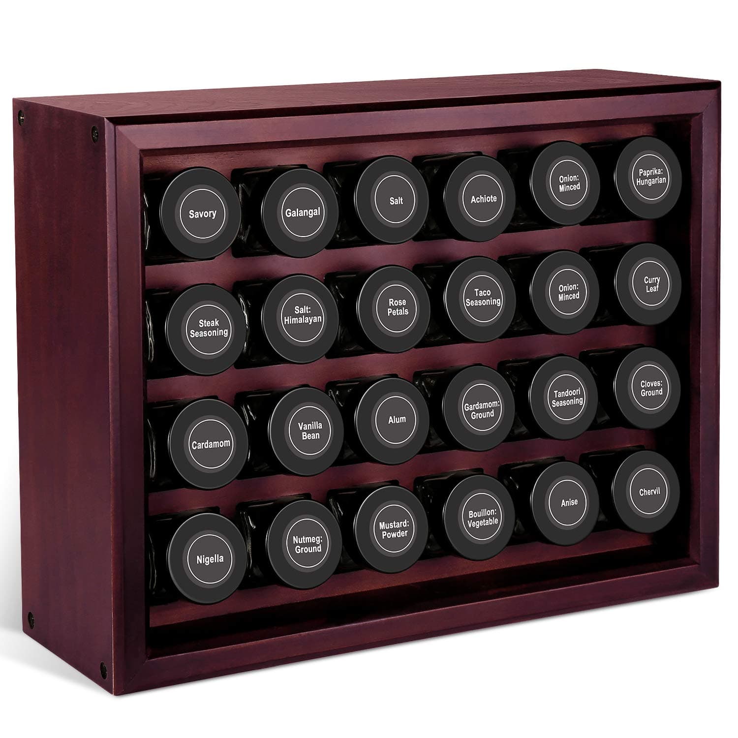 URFORESTIC 100% Solid Wood Spice Rack, Includes 24 4oz Clear Glass Jars,315 Pre-Printed Labels.Fully Assembled (Cherry)