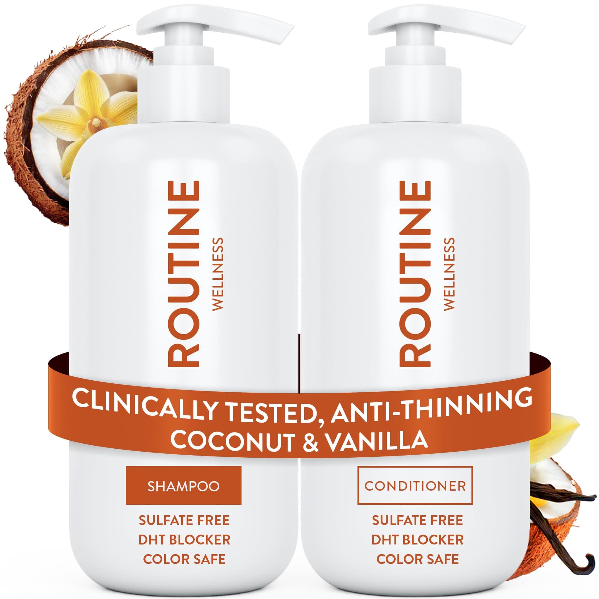 Routine Wellness Anti-Thinning Shampoo and Conditioner Set for Thinning Hair - Biotin DHT Blocker Women & Men - Color Safe Shampoo for Hair Loss & Healthier Growth - Coconut & Vanilla (Pack of 2)