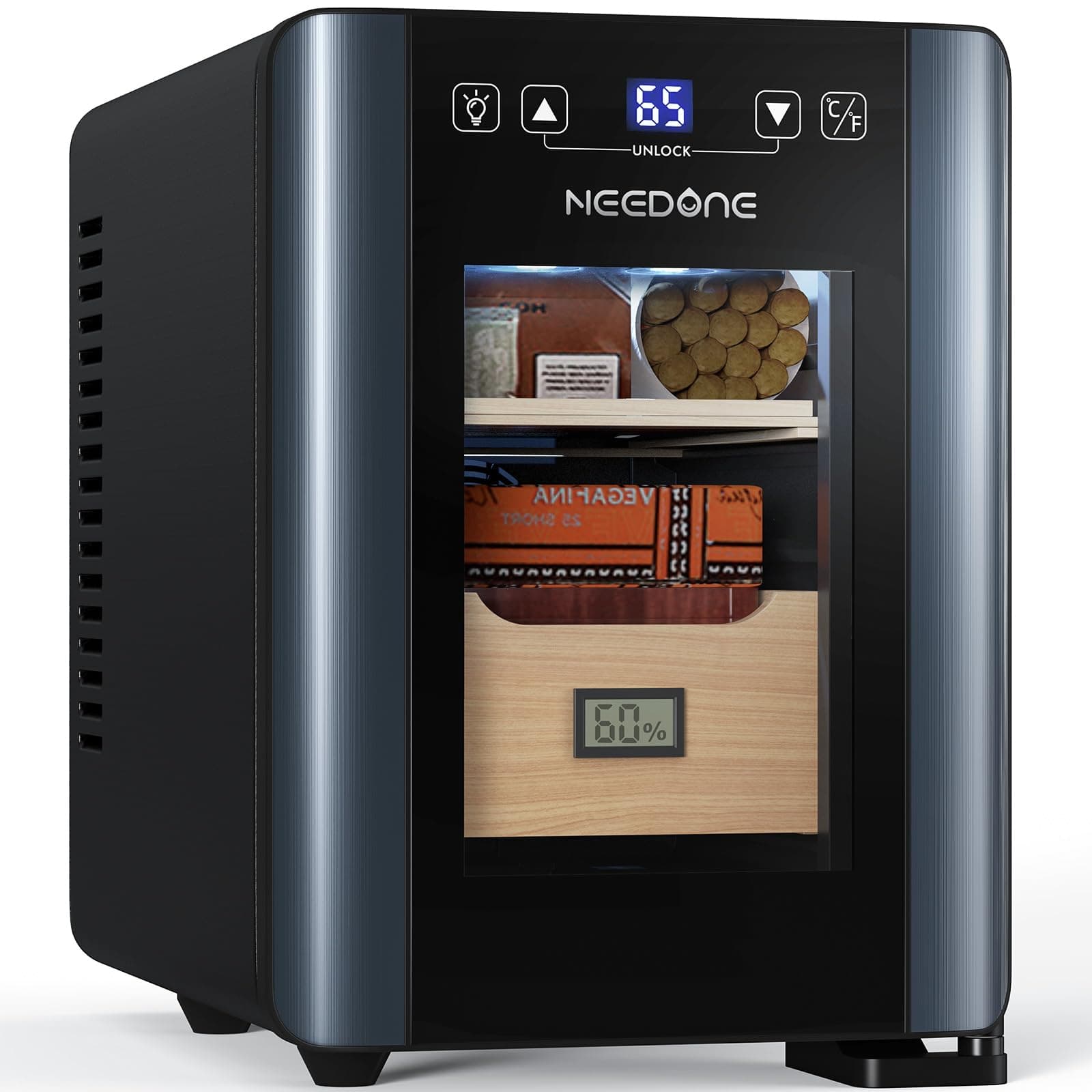 NEEDONE Cigar Humidor 8L with Heating & Cooling Control, Quiet Thermostatic Electric Cooler Cabinet for 80 Counts with Spanish Cedar Wood Shelves & Drawer with Hygrometer, Gift for Men