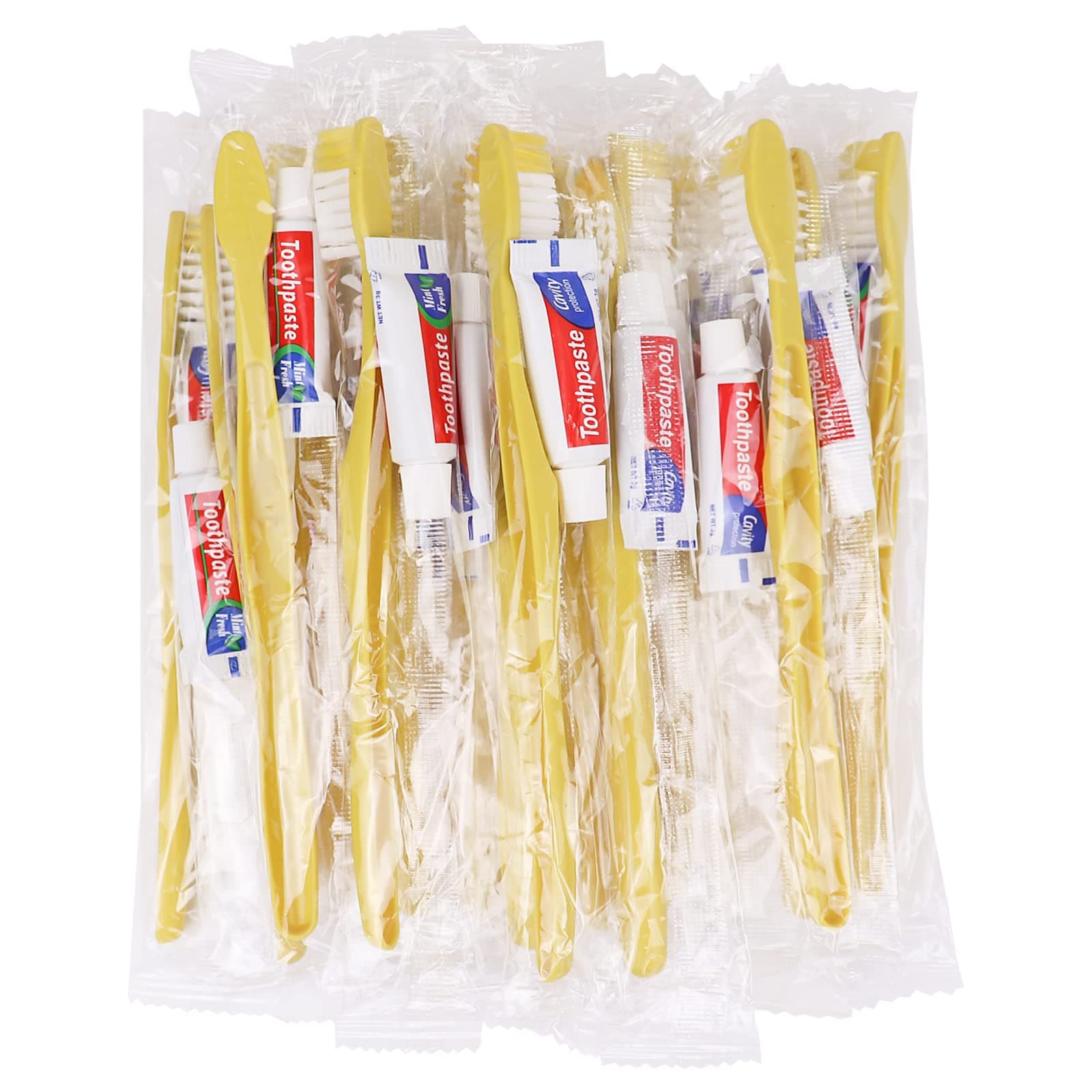 Disposable Toothbrushes with Toothpaste,200 Pack Yellow Hollow Individually Wrapped Disposable Travel Toothbrushes Kit in Bulk for Homeless,Nursing Home,Hotel,Charity