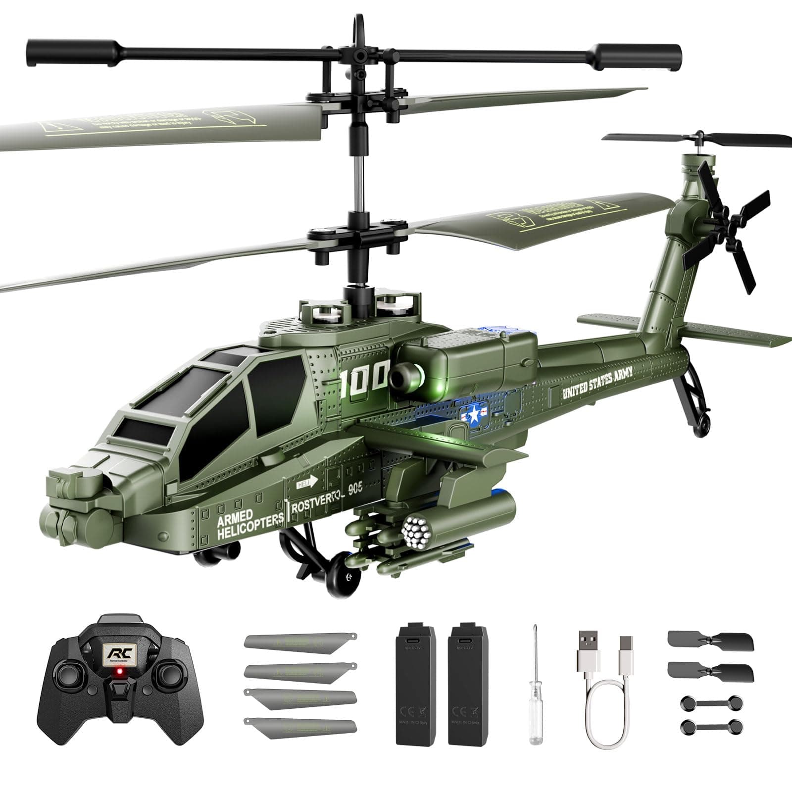 Apache RC Helicopter Toy for Adults, 2.4GHz Remote Control Helicopter Drone with 2 Batteries, LED Lights, One Key Take Off/Landing, Altitude Hold, Indoor Flying Toy Gifts for Kids Boys 8+ Green