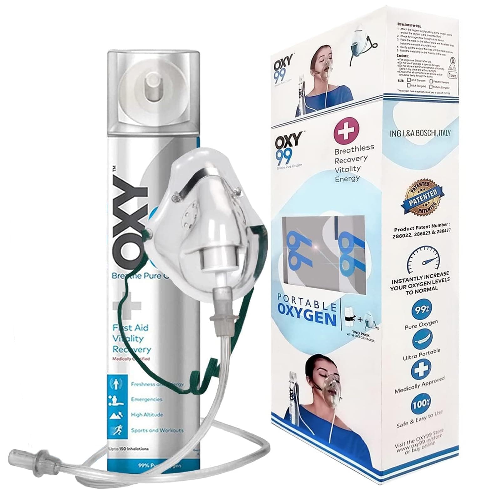 OXY99 Natural Oxygen Can Pack-1 (6 L) with Mask, Tube & Elastic Strap - Medical Oxygen Cylinder, Oxygen Can for Travelling & High Altitude, Ideal for Home Use & Outdoor Activities - ING. BOSCHI ITALY