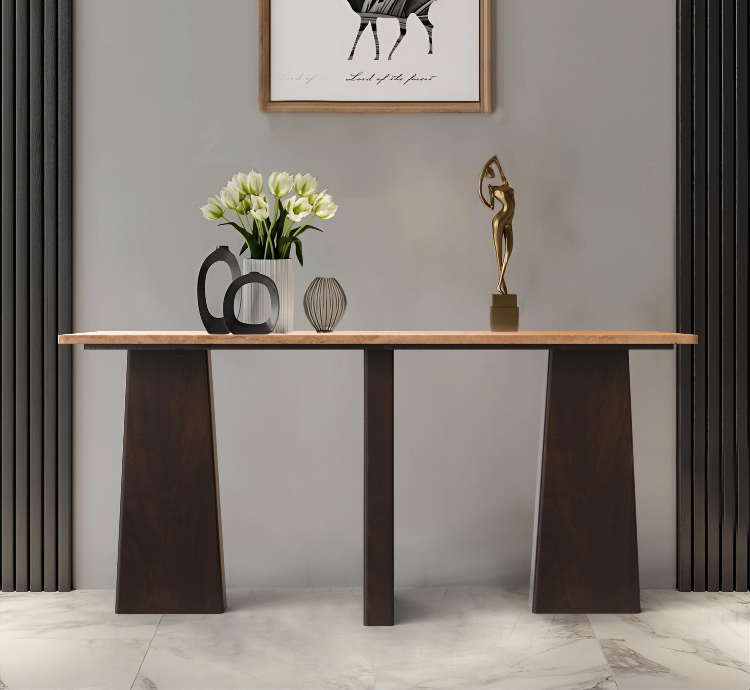 CORSICA DESIGNS | Panache Wooden-Stone Console Table | Large Rectangular Accent Furniture | Living Room, Entryway, Hallway & Bedroom (Wood/Travertine Top - Aged Black/Earthy)