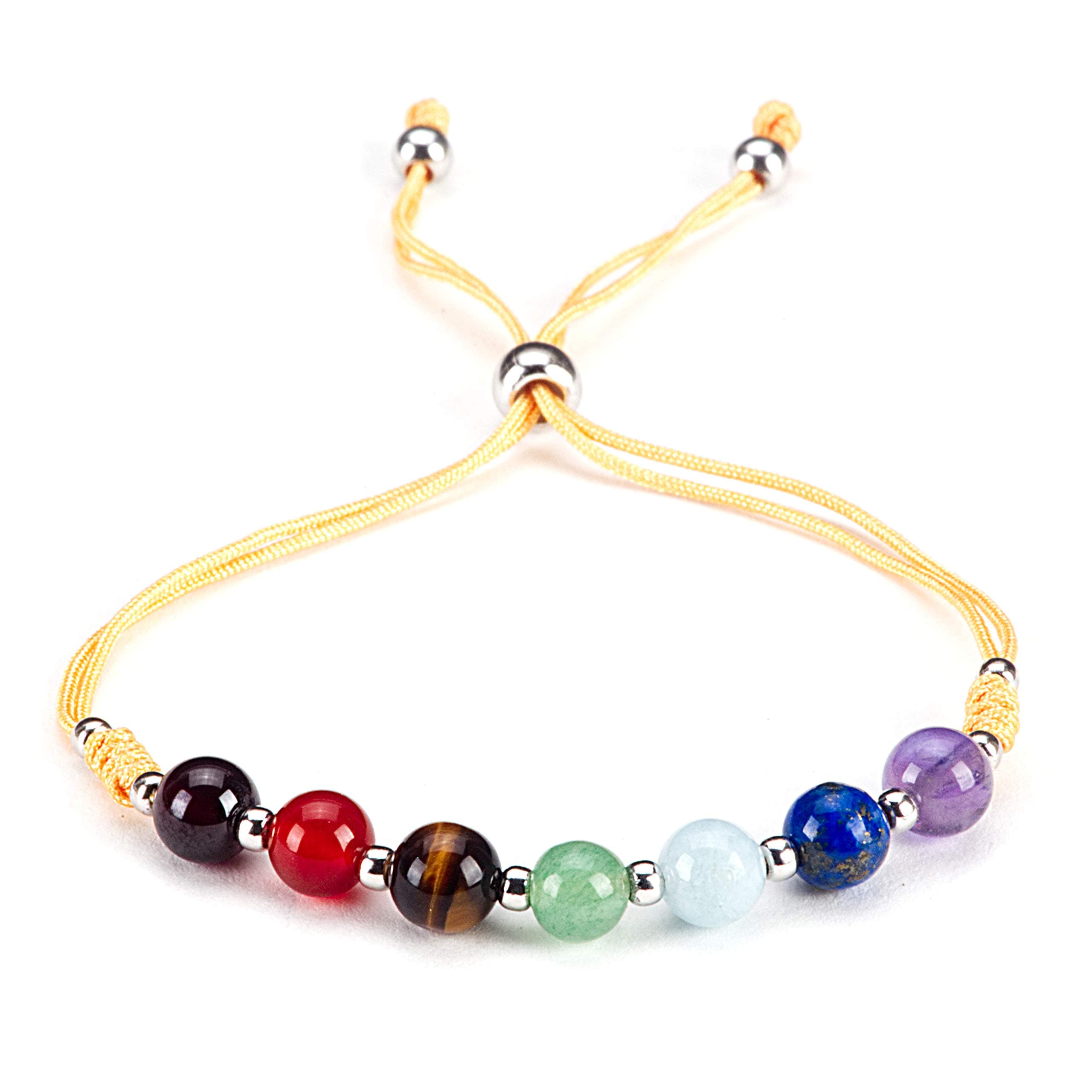 Natural Gemstone Chakra Bracelet | Adjustable Size Nylon Cord | 6mm Beads, Silver Spacers | 5"-6.5"