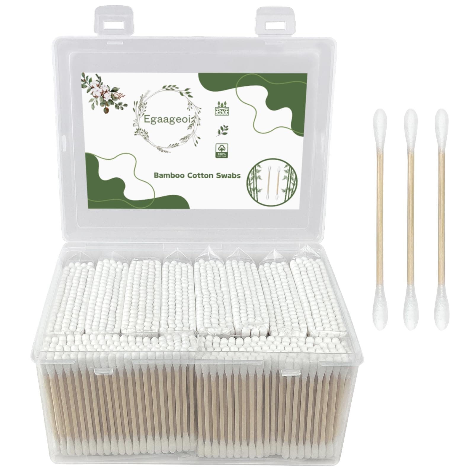 Egaageoi 1000 Count Bamboo Cotton Swabs with Storage Box | Biodegradable & Natural Double Tipped Cotton Buds | Sturdy Wood Sticks for Makeup, Pet Care, Arts & Crafts | Compact Portable Case