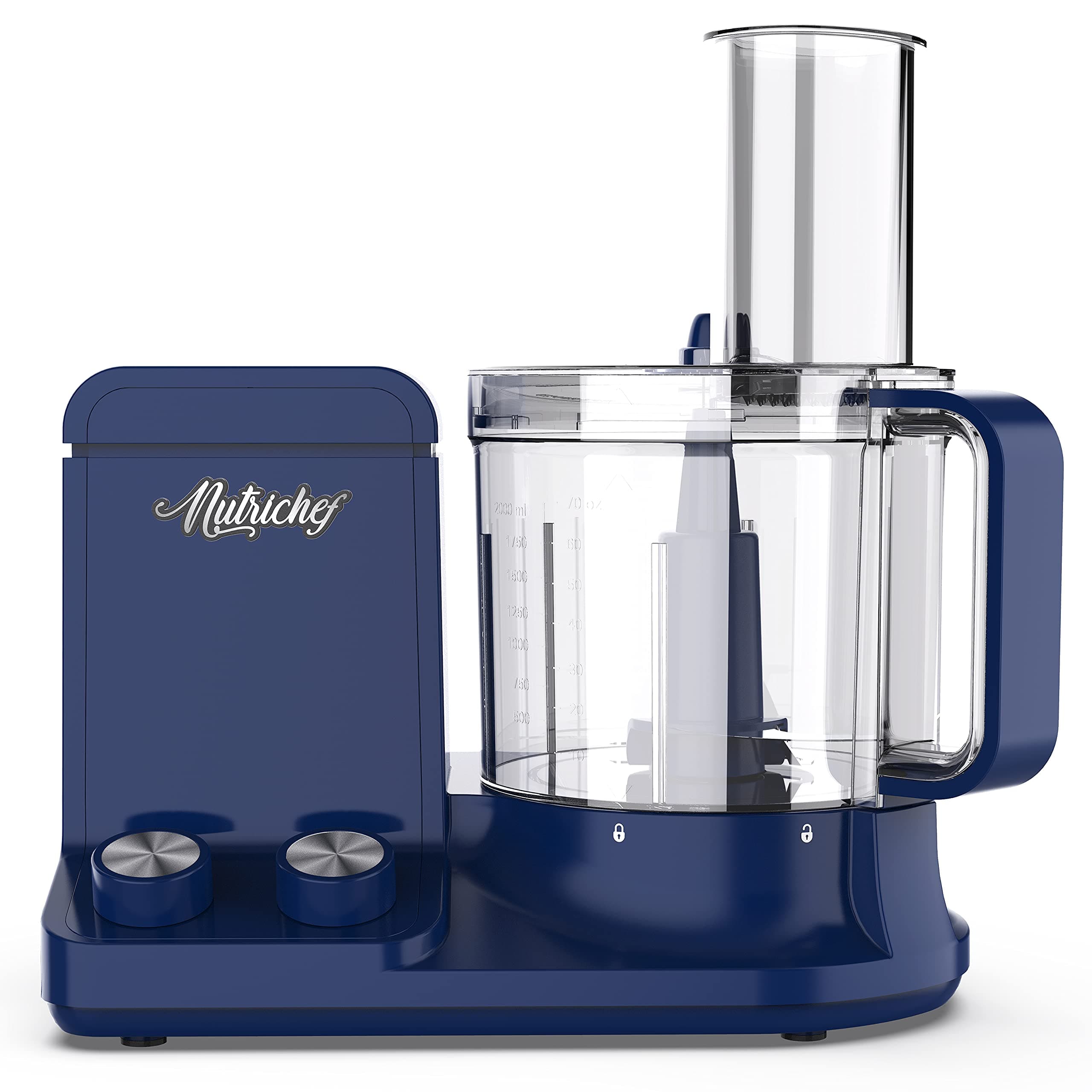 NutriChef Food Processor 2 Liter Capacity - Multipurpose & Ultra Quiet Motor - Includes 6 Attachment Blades & Silicone Feet to Prevent Slippage -12 Cup Capacity- Pre-Set Speed For Easy Use, Royal Blue