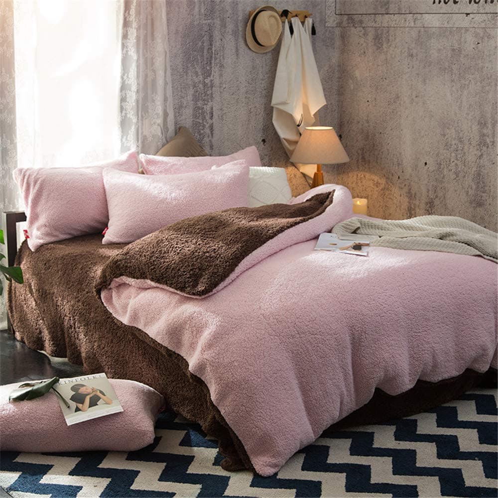 Thick Fleece Two sided double color Bedding Set Winter Warm Lambs Wool Duvet Cover Set Bed Sheet Pillowcases Queen King size 4pc,Pink