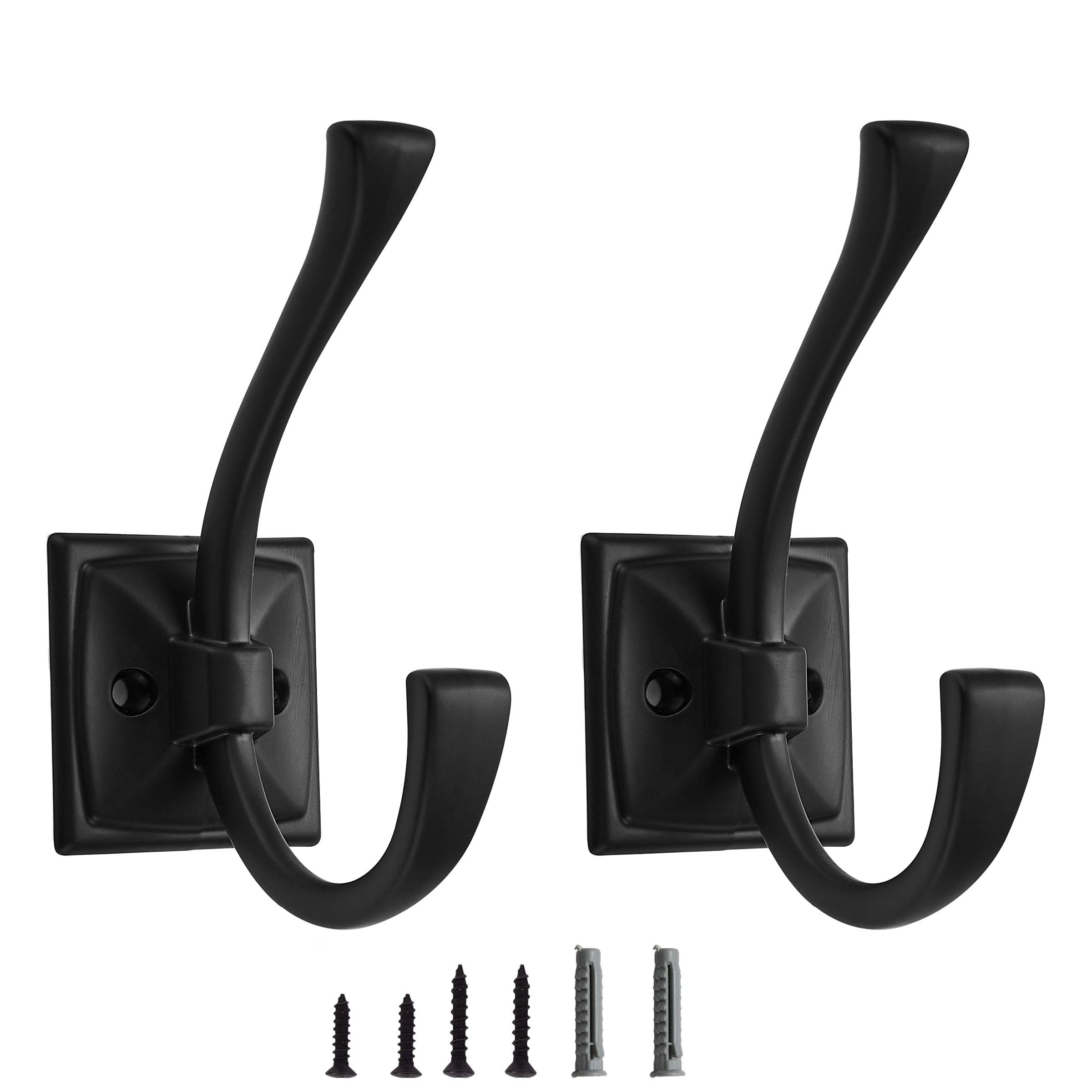 2 Pack Decorative Heavy Duty Towel Hooks for Hanging Robe Double Matte Black Coat Hooks Wall Mounted with Screws for Key, Towel, Bags, Cup, Hat