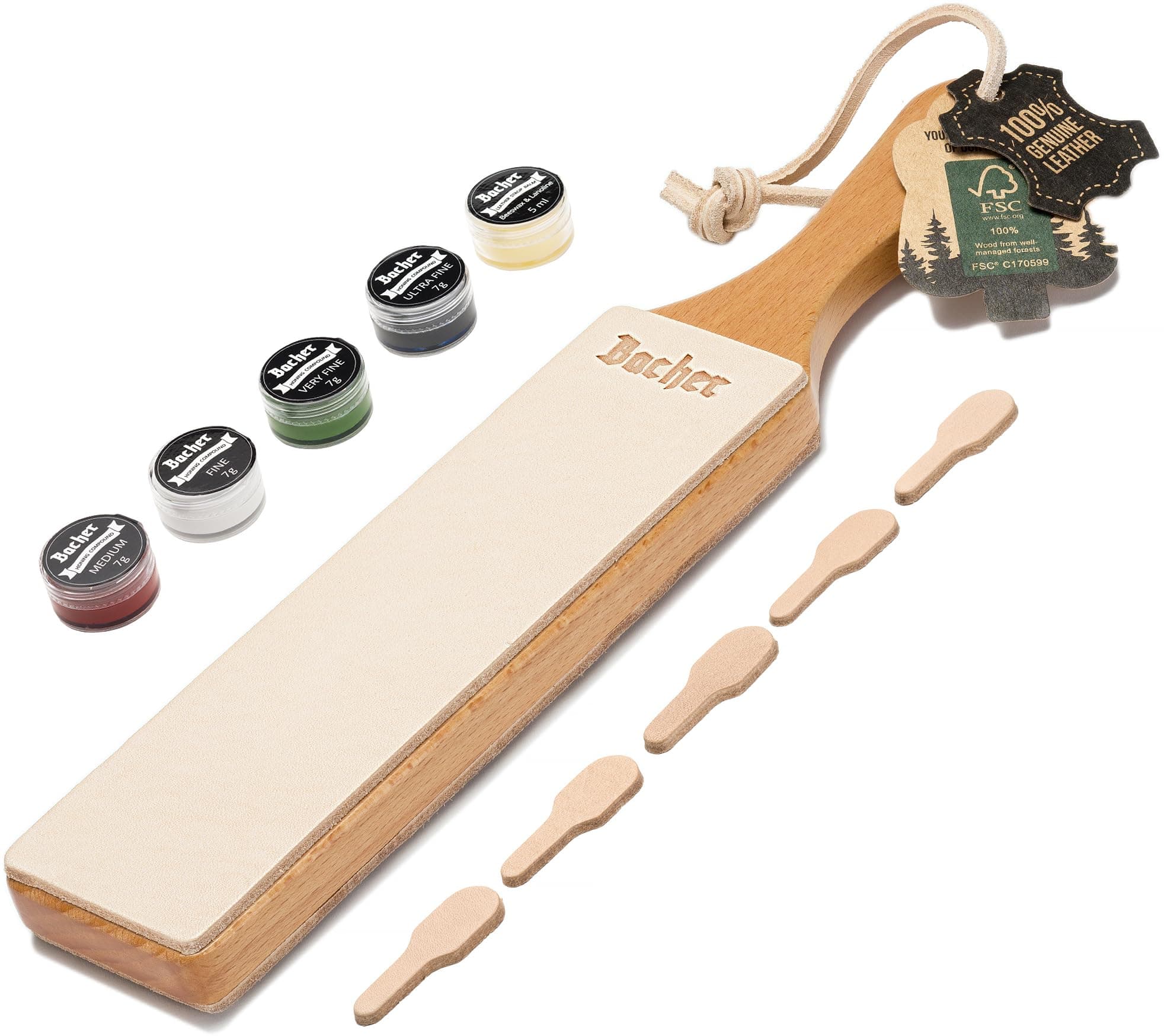 Bacher Premium Leather Strop for Knife Sharpening with Polishing Compound - Double Sided Stropping Leather – Stropping Kit: Knife Strop and Stropping Compound for Wood Carving and Woodworking