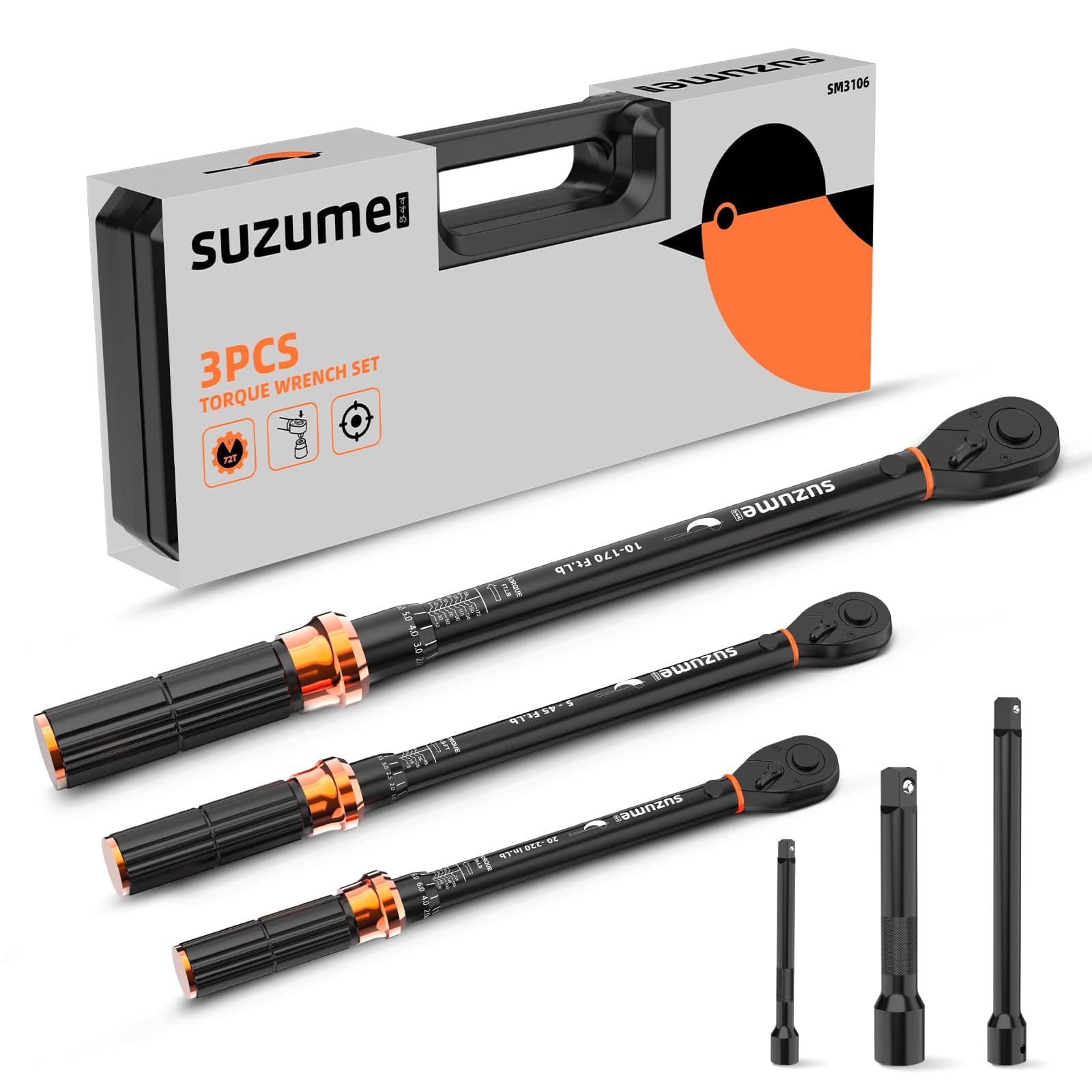 SUZUME 3PCS Torque Wrench Set 72 Teeth Dual-Direction Adjustable Torque Wrench Dual-Scales 1/4 & 3/8 & 1/2-Inch ±3% Accuracy Click Torque Wrenches for Bicycle, Motorcycle, Car,Maintenance