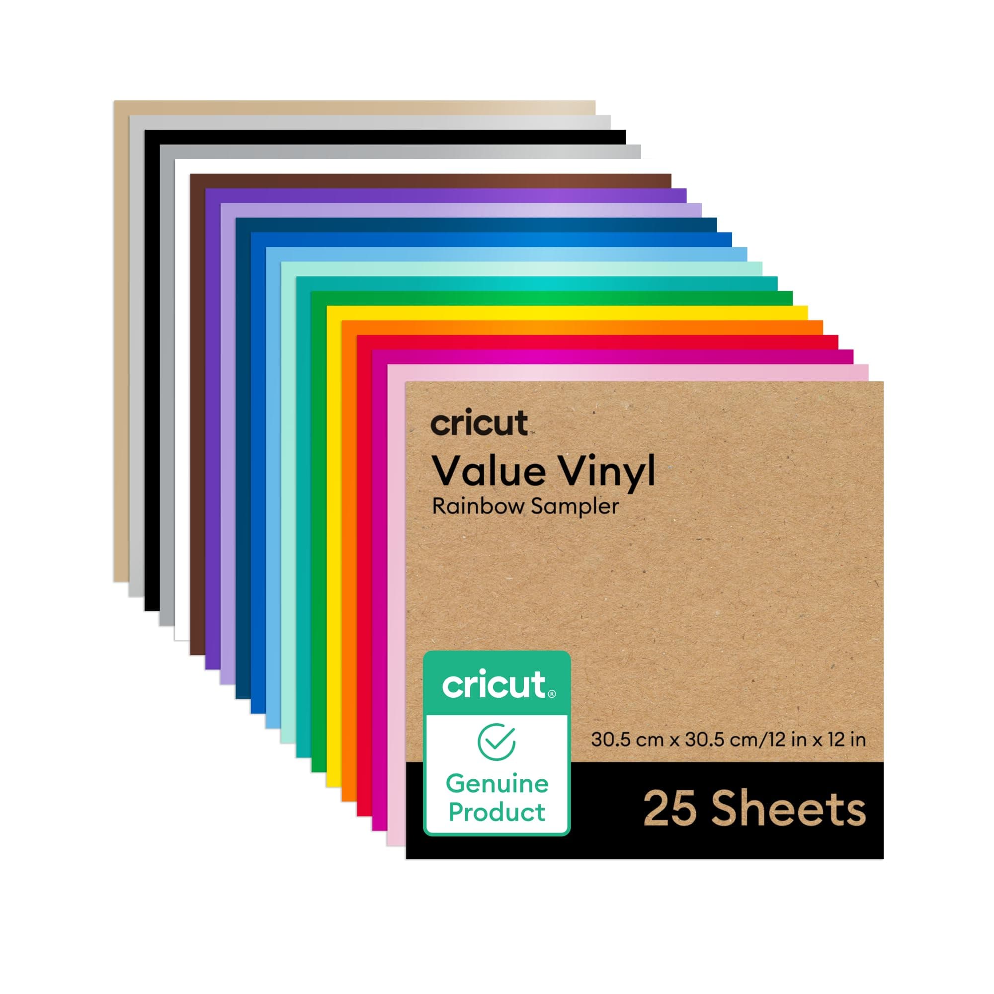 Cricut Value Vinyl | 25 Sheets | 30.5 cm x 30.5 cm (12" x 12") | Self Adhesive Permanent Vinyl for All Cricut Cutting Machines | Variety Pack