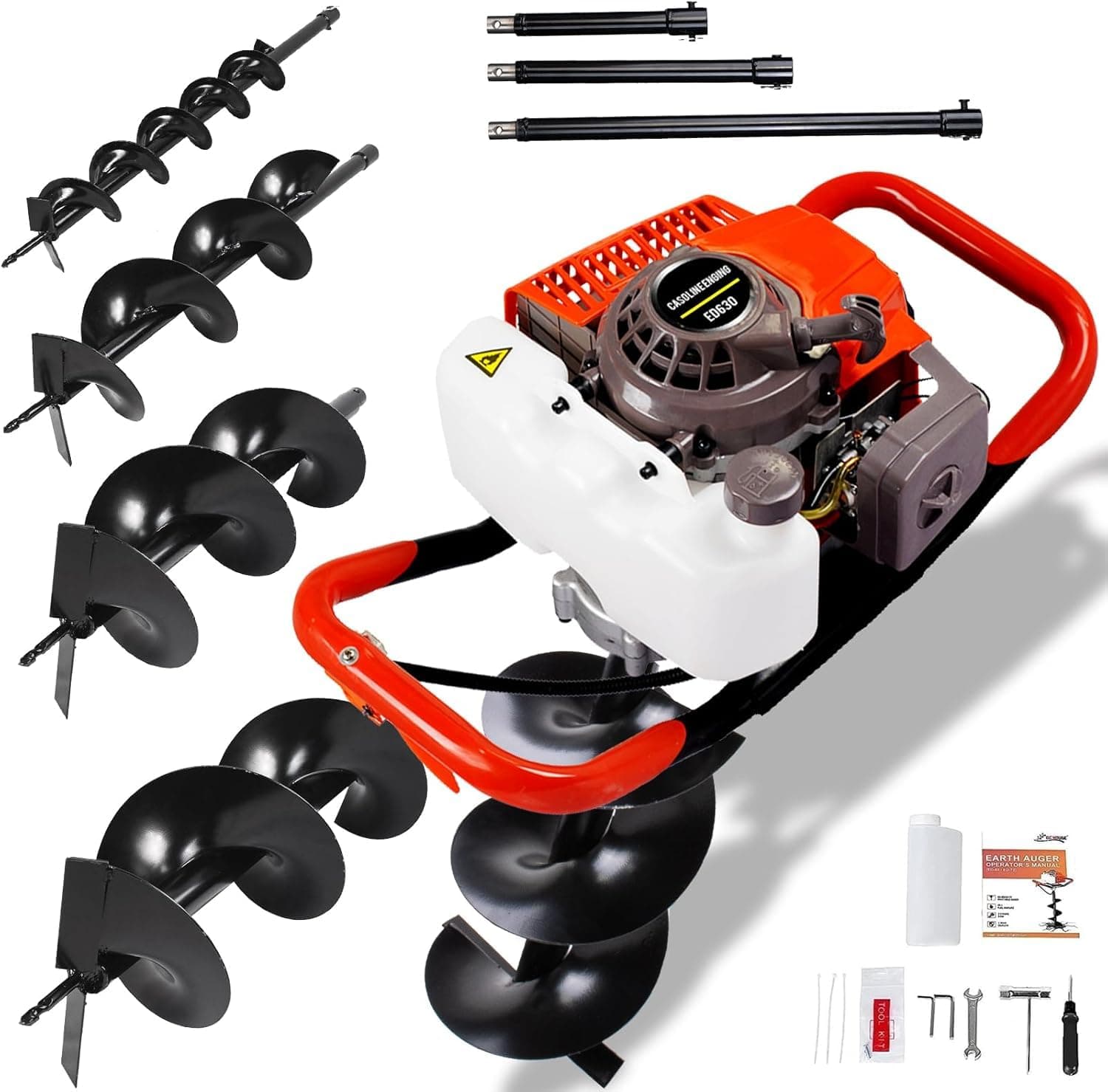 DC HOUSE 63cc Gas Powered Auger Post Hole Digger, with 4 Earth Auger Drill Bits 4" 6" 8" 12" and 3 Extension Rods 8" 12" 20", for Farmland Garden