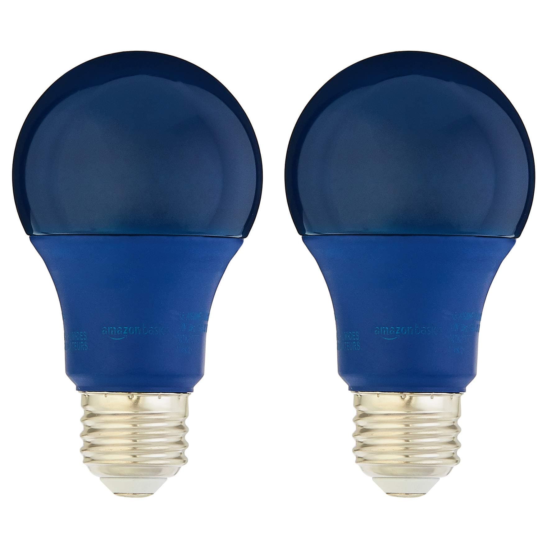 Amazon Basics A19 Blue Color Party LED Light Bulbs, 60W Equivalent, 9W Energy Efficient, E26 Standard Base, Non-Dimmable, 10,000 Hour Lifetime, 2-Pack