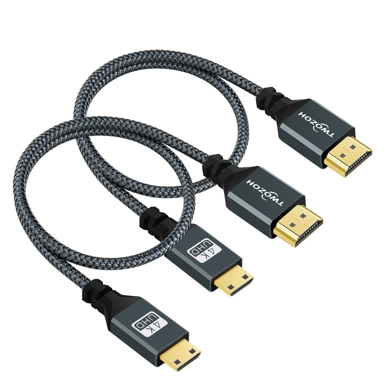 Twozoh 2 Pack Mini HDMI to HDMI Cable 0.3M Nylon Braided HDMI to Mini HDMI 3D/4K@60Hz 18Gbps 2160P/1080P for Nikon/Canon DSLR/Camcorders Laptops Tablets Graphics Video Cards
