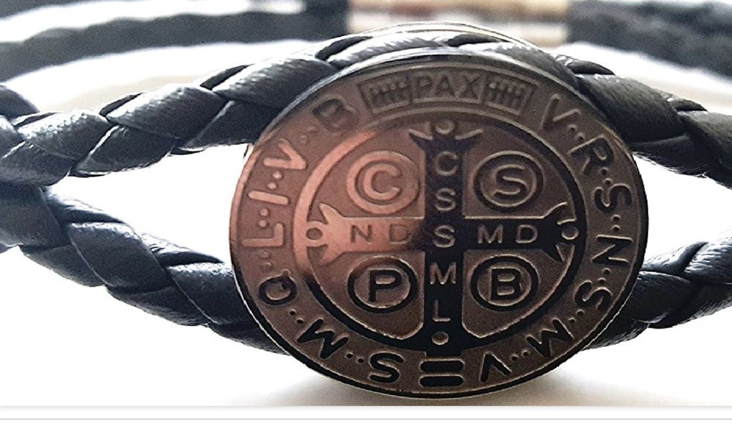 Genuine Leather Protection St. Benedict Double Sided Medal Bracelet Bangle Magnetic Clasp