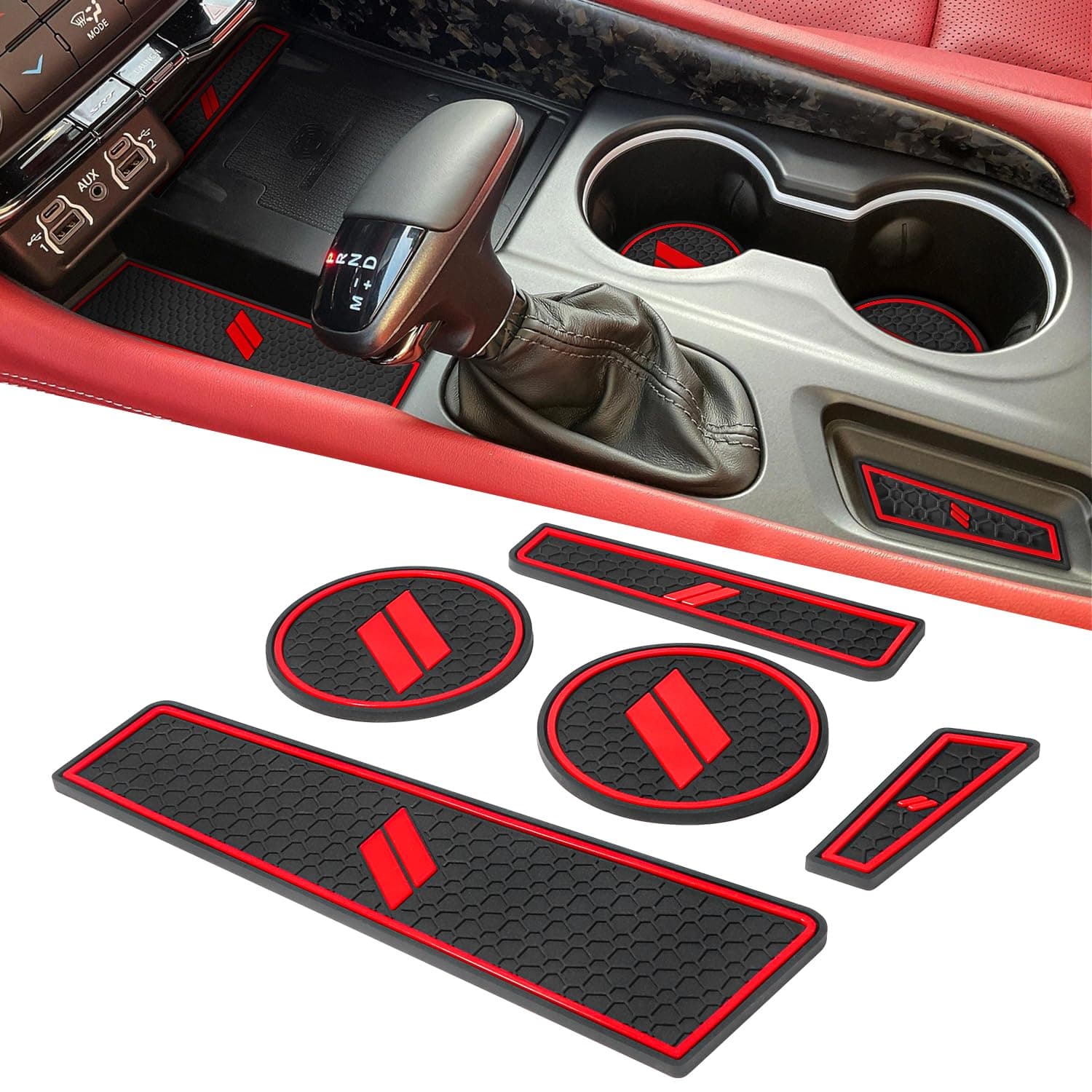 Cup Holder Inserts for Dodge Durango Accessories 2021 2022 2023 2024 2025 2026 Center Console Mat Custom Fit Silicone Cup Liners Pads Interior Decoration (5pcs/Set, Red)