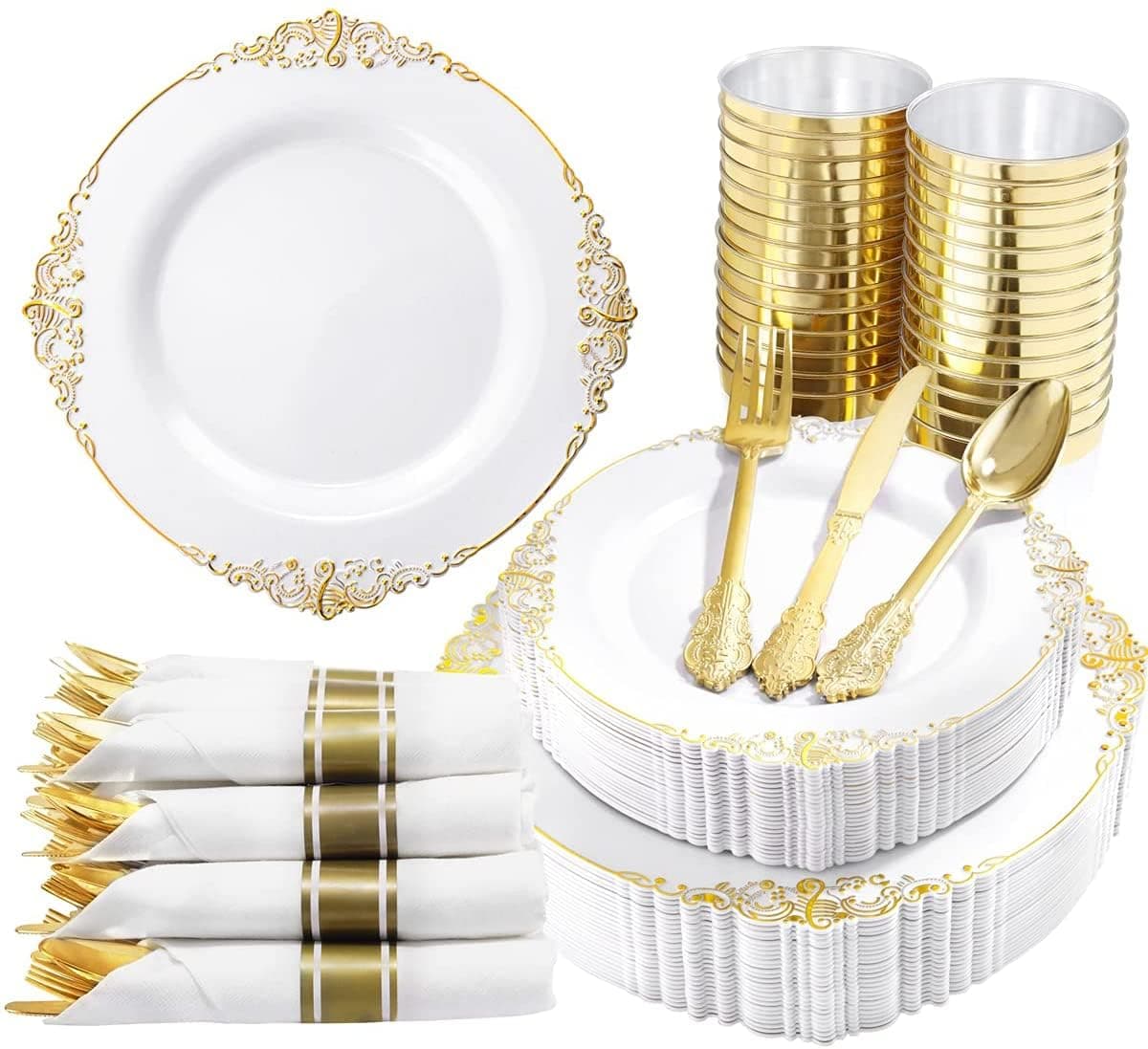 Nervure 350PCS Gold Plastic Plates - Gold Plastic Dinnerware Sets for 50 Guests - 100 Disposable Plates, 150 Silverware, 50 Cups, 50 Napkins for Wedding & Party