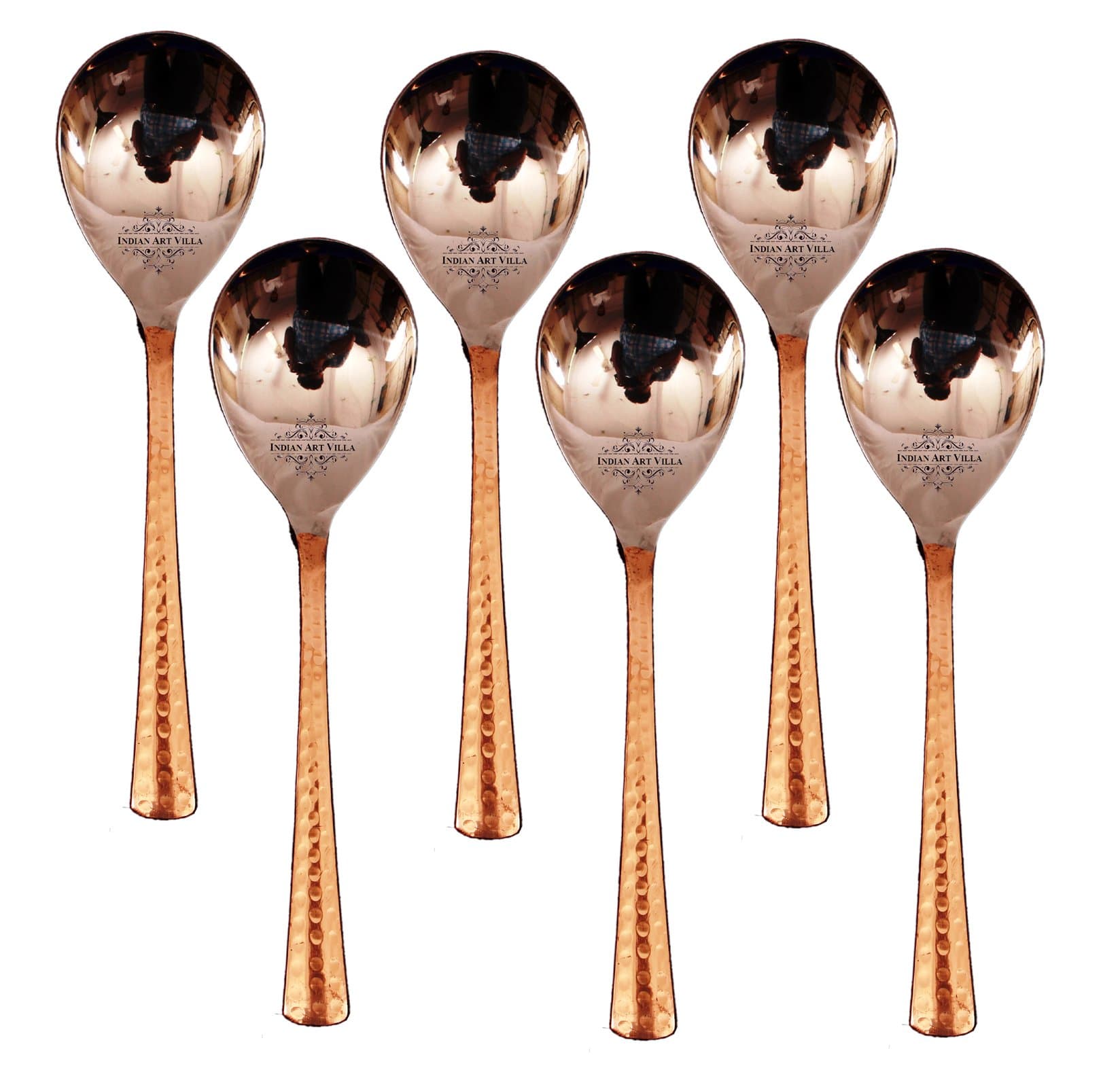 Indian Art Villa Steel Copper Rice Spoon, Serving Home Restaurant, Dinnerware Set (8'' Inch) -6 Pieces