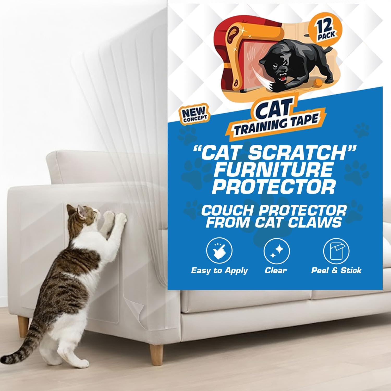 12 Pack Cat Scratch Furniture Protector Tape Sheets – Double-Sided Sticky Training (5 XL, 5 Large, 2 Medium) – Anti-Scratch Couch & Sofa Guard – Clear – Not for Leather, Velvet, Microfiber
