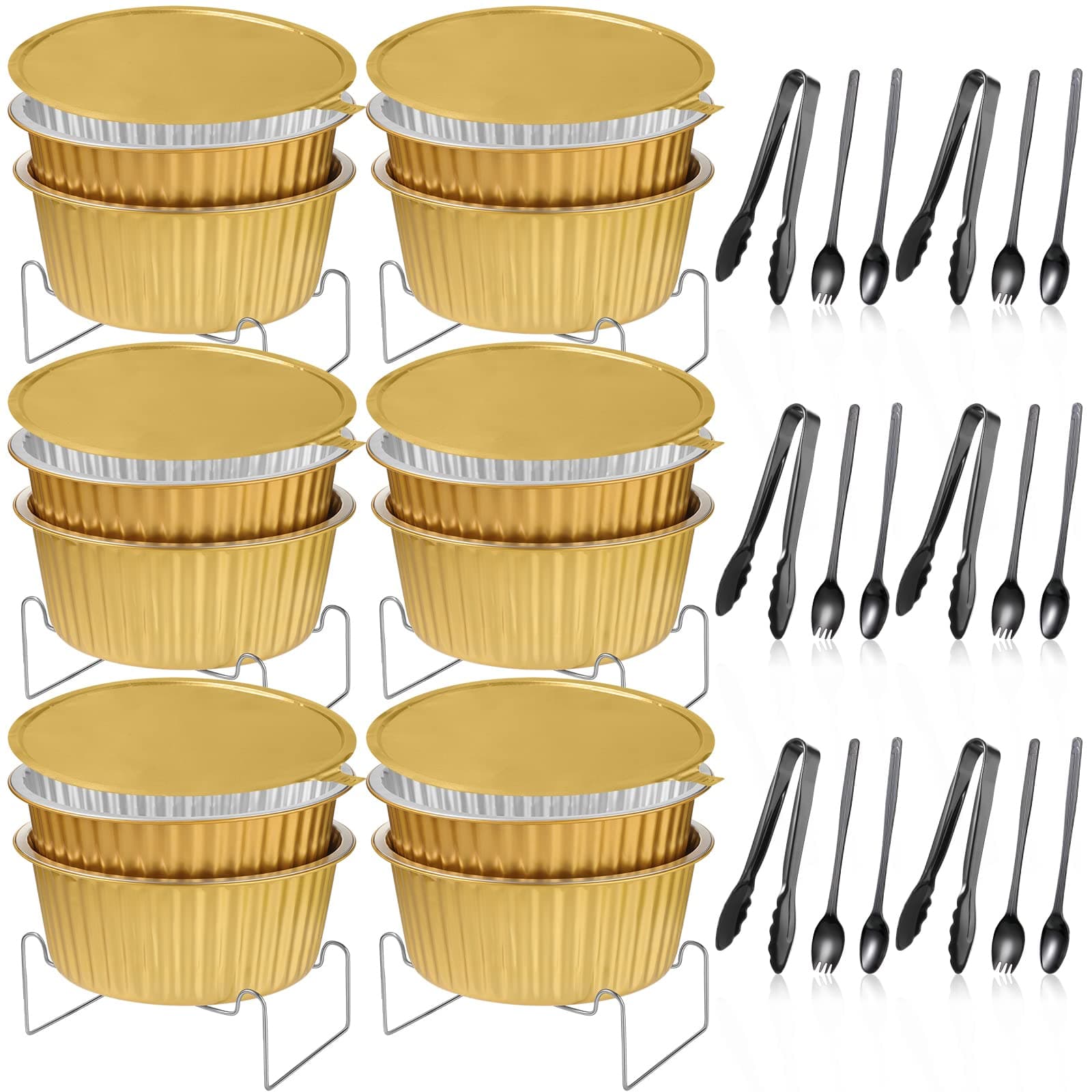 Meanplan 6 Set Disposable Chafing Dishes Buffet Set Gold Chafer Wire Racks Stand Kit Dish Food Warmer Catering Serving Trays Party Supplies Include Chafer Pans Serving with Utensils and Buffet Stand