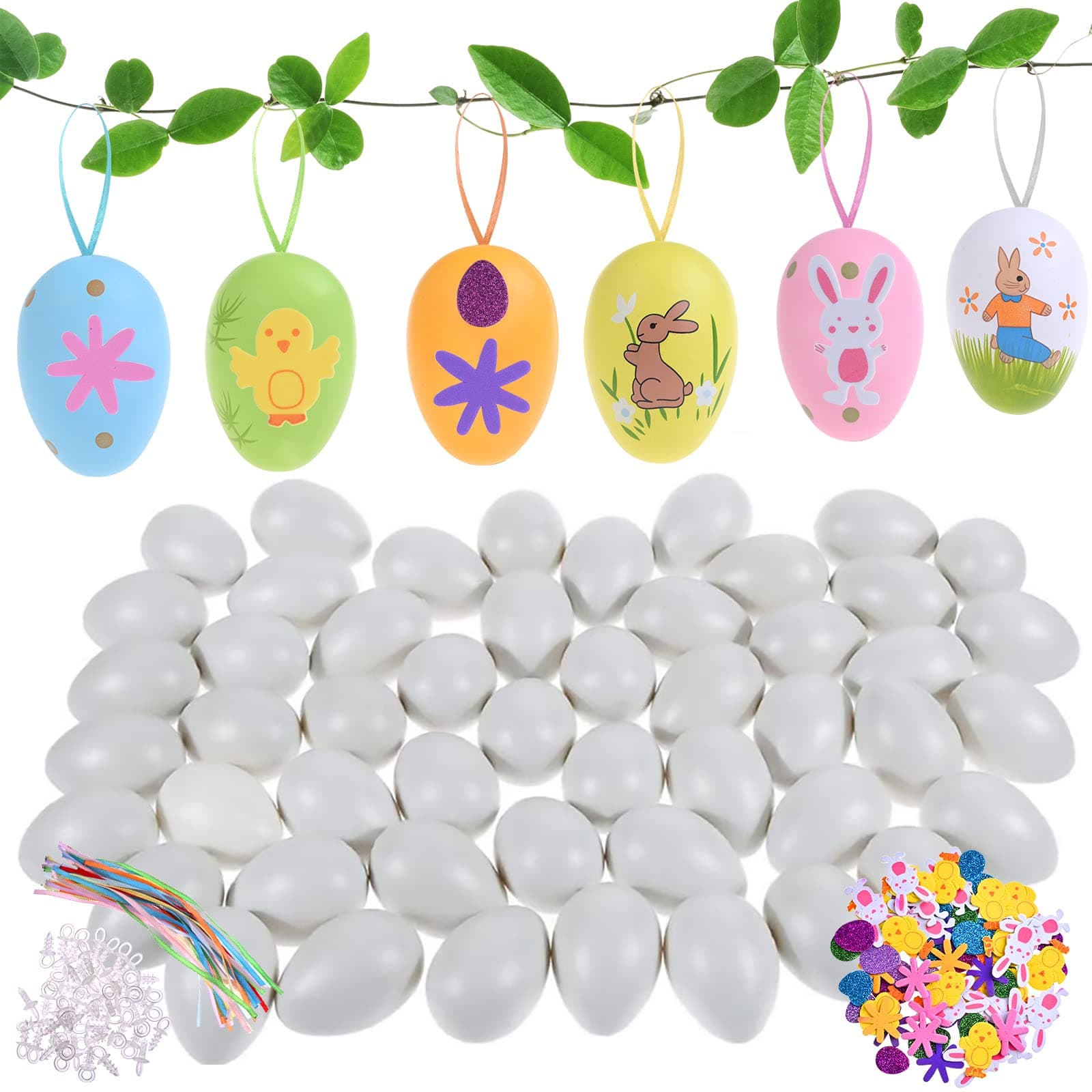 GOLDGE 50 DIY White Plastic Easter Eggs Decoration for Crafts with 50 Ribbons and 80 Stickers, Fake Chicken Eggs, Easter Tree Decorations Ornaments, Hanging Easter Eggs