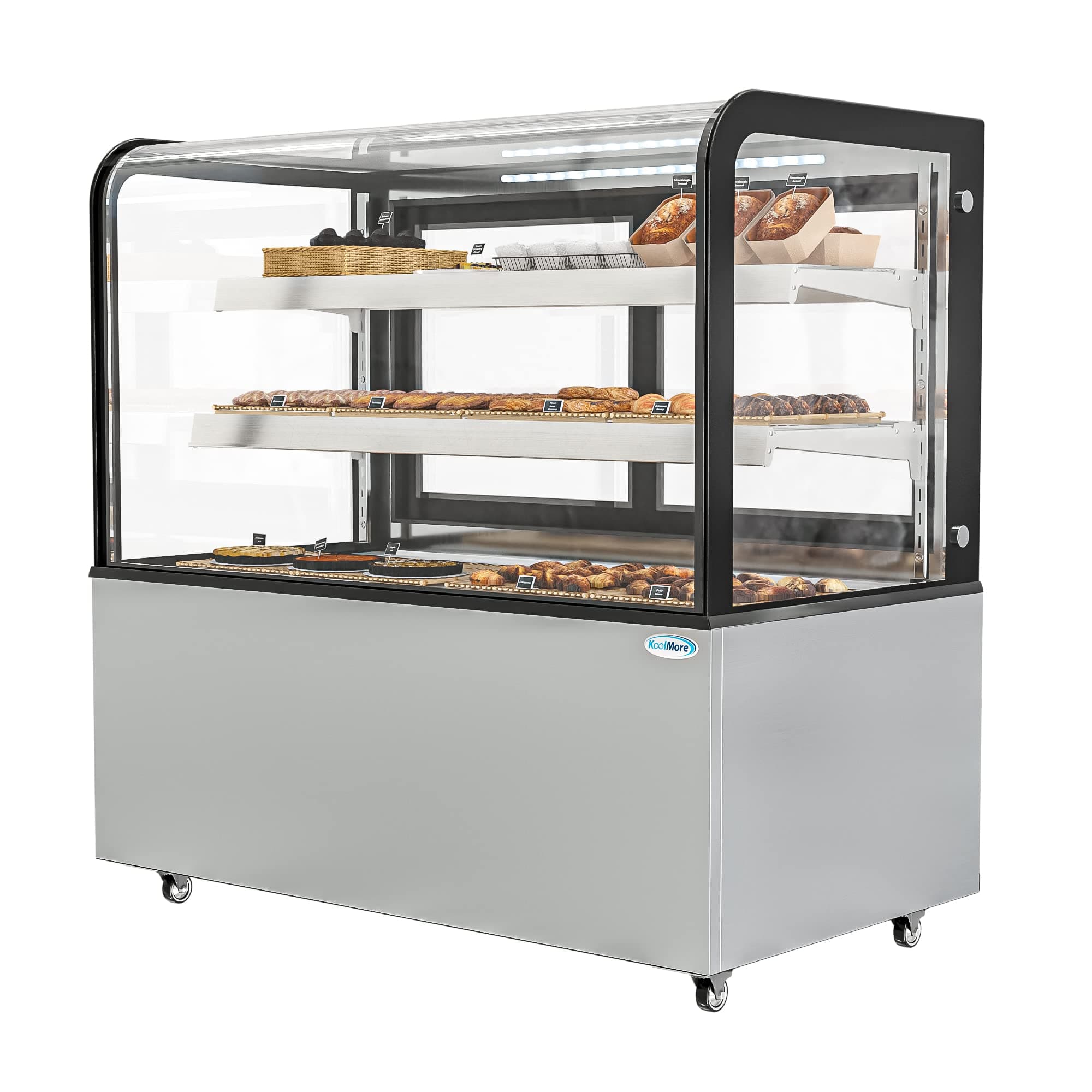 KoolMore 14 Cu.Ft. Dry Bakery Display Case with Adjustable Glass Shelves, LED Lighting, and Front Curved Protection, Non-Refrigerated for Pastry, Coffee Shop, Restaurant, Store Use (BDC-13C), Silver