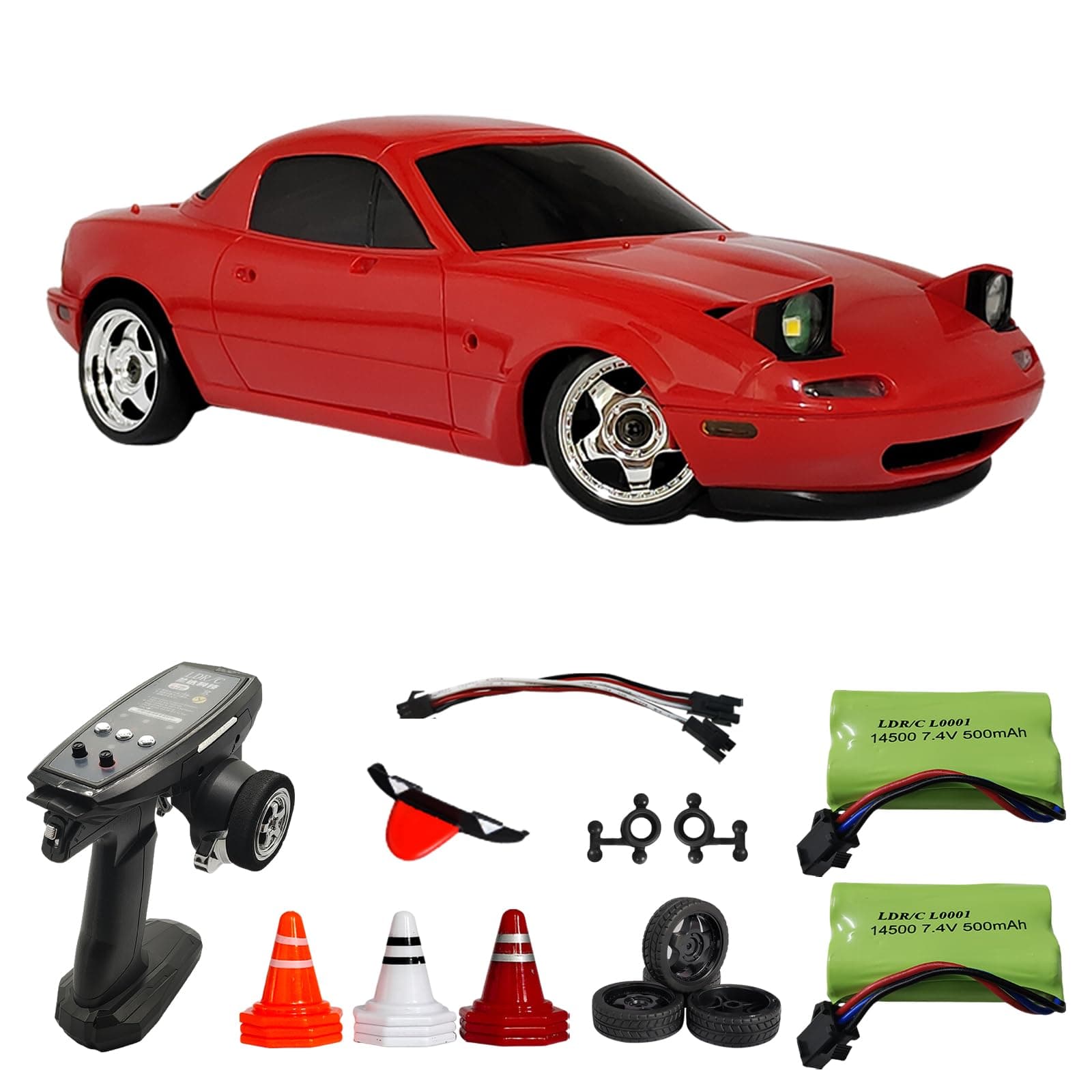 Red RC Miata with Two Batteries & Upgrade Parts