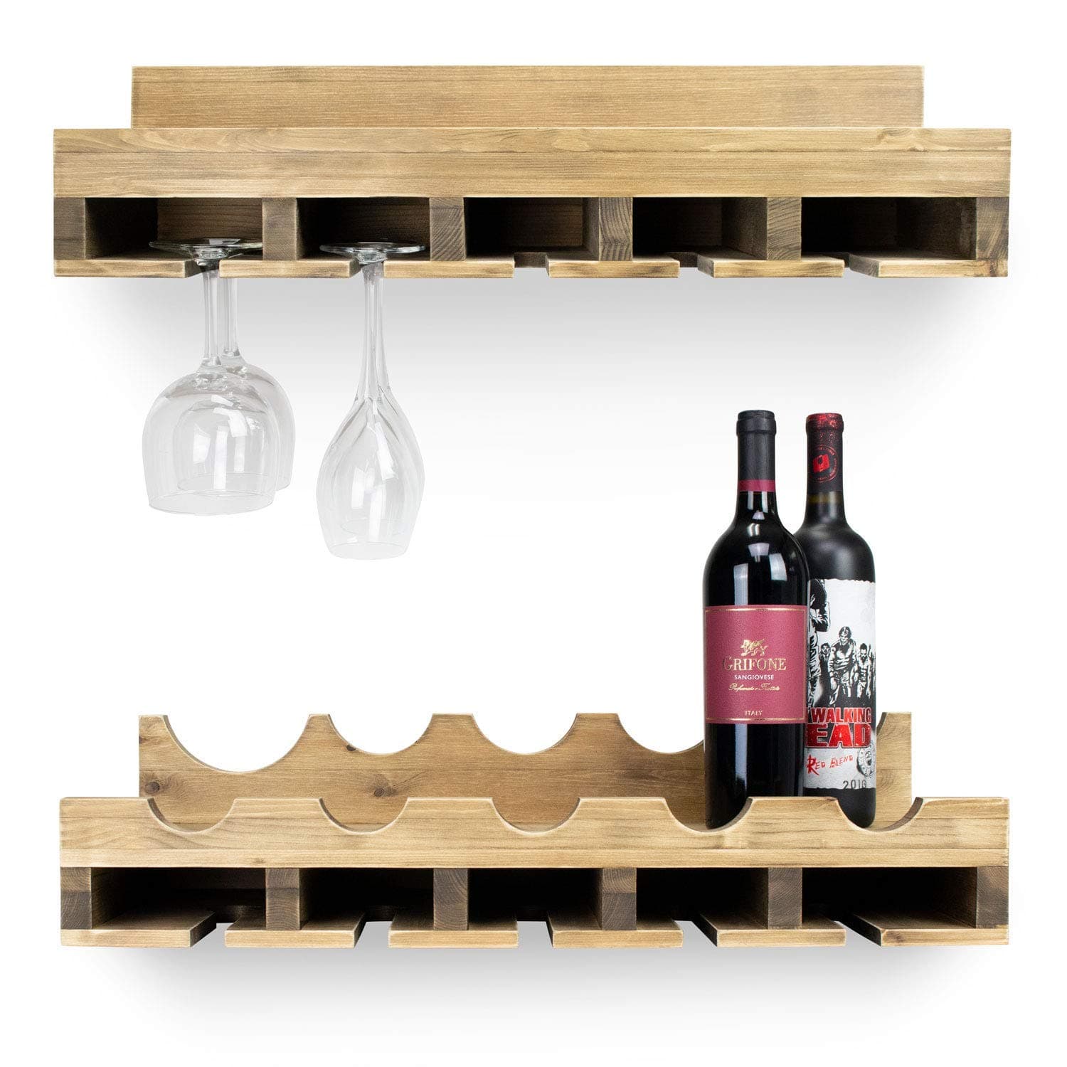 Double Wall Mounted Wine Rack Shelf with Hanging Glass Stem Holder, Fits 5 Bottles, 20 Wine Glasses and Barware