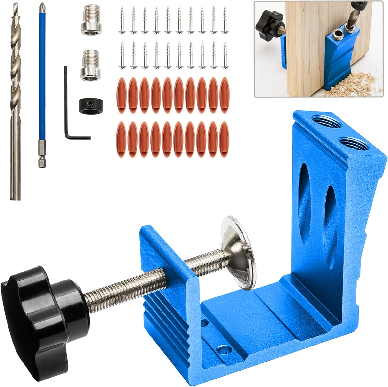 Pocket Hole Jig Kit with 15 Degree Drill Guide Joint Screw Kit for Carpentry Adjustable Dowel Drill Joinery Screw All-in-One DIY Woodworking Punch Locator Set