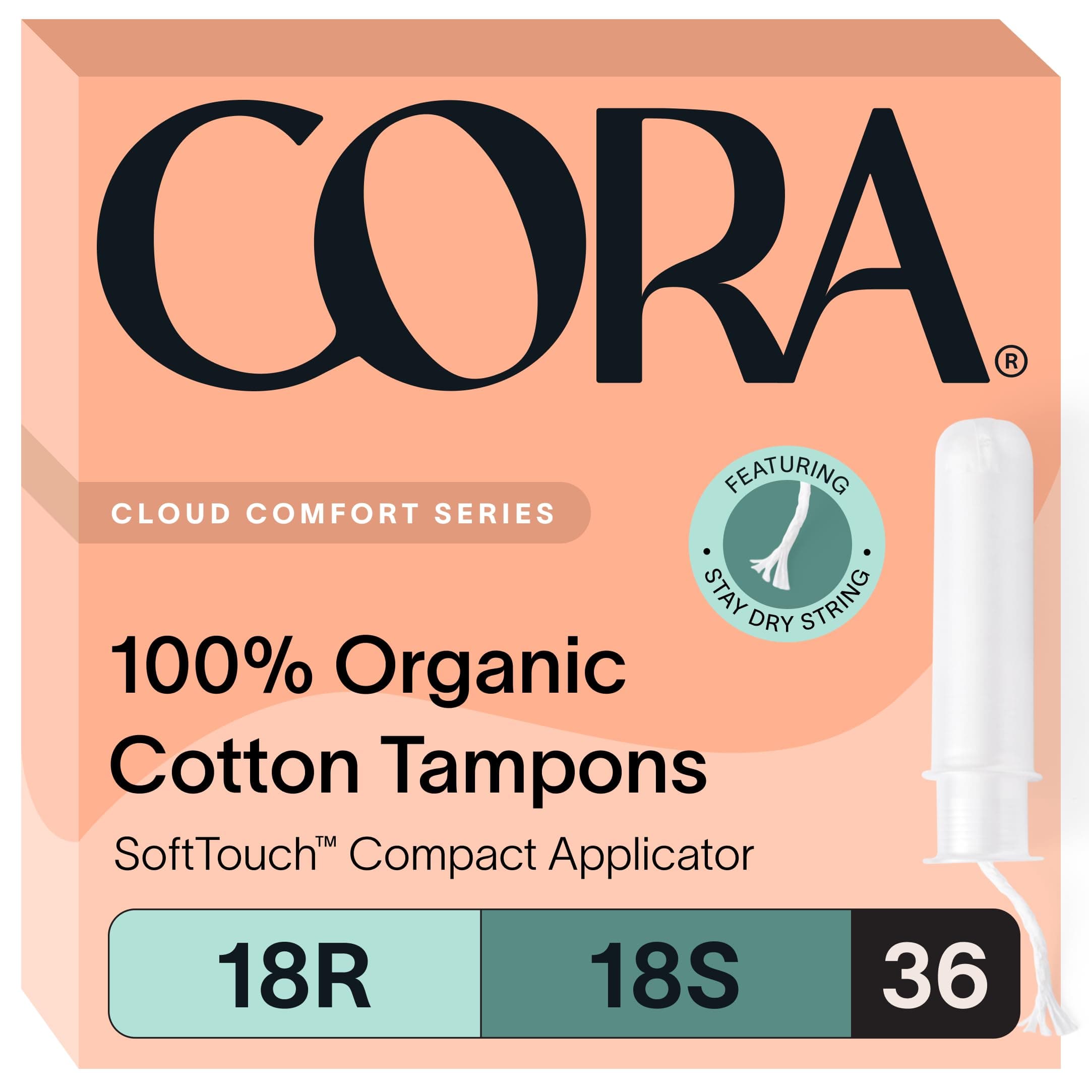 Cora Organic Tampons | Regular/Super Absorbency Variety Pack | 100% Cotton Core, Unscented with BPA-Free Applicator | Leak Protection, Easy Application | Non-Toxic, Hypoallergenic (36 Count)
