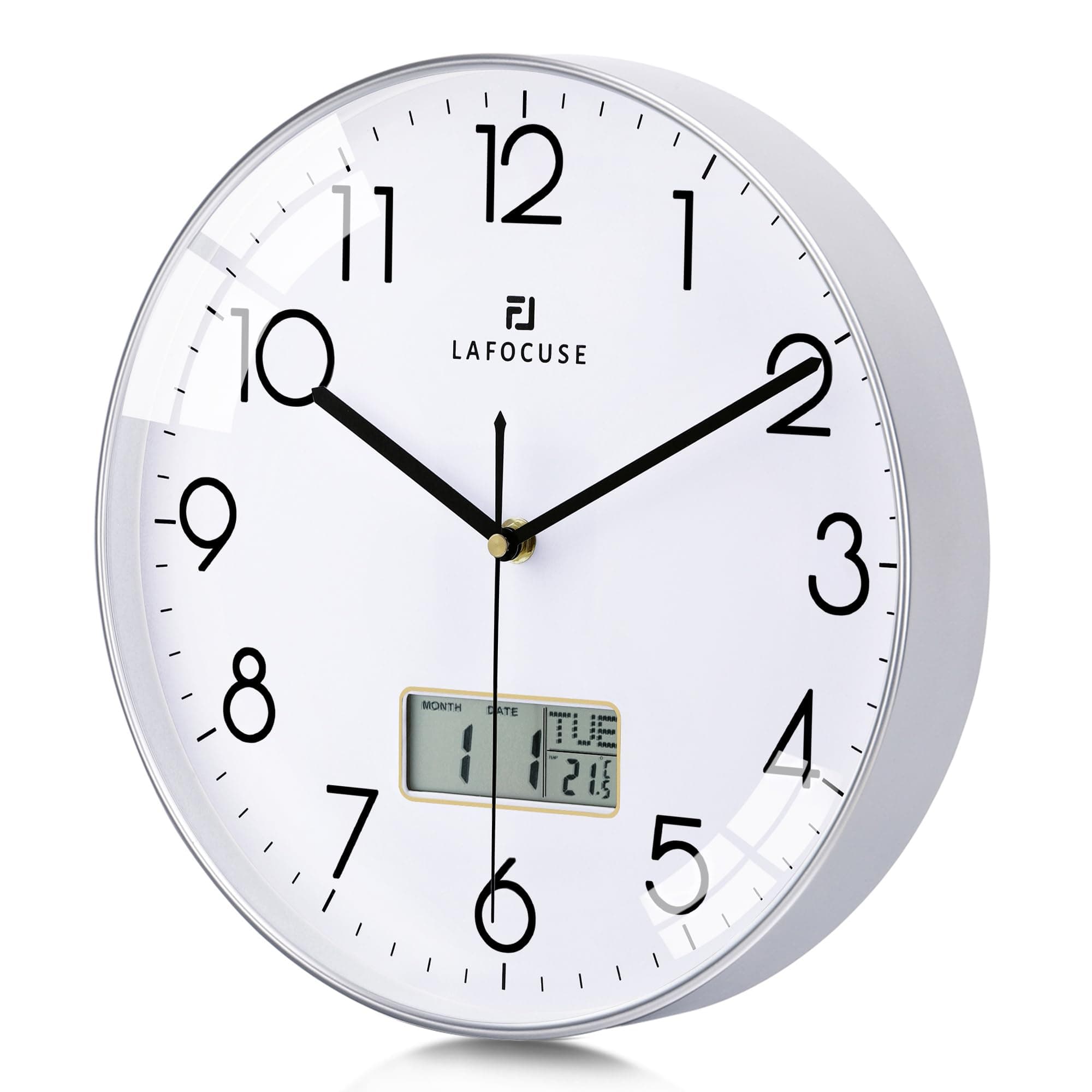 12 Inch Silent Silver Wall Clock with Date and Day, Temperature, Day of Week, Kitchen Wall Clocks for Living Room Modern, LCD Digital Wall Clock Battery Operated Office Bedroom