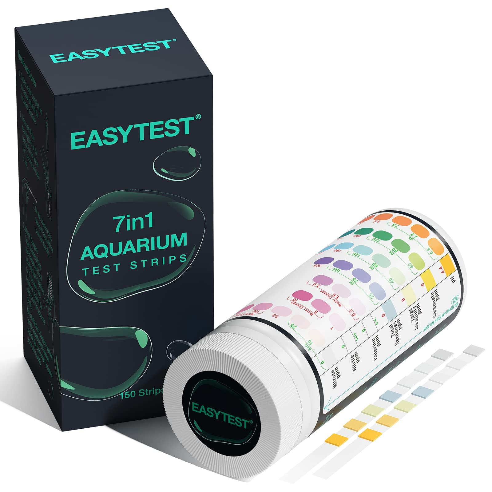 EASYTEST 7 in 1 Aquarium Test Strips, 150 Strip Pack Aquarium Water Test Kit for Freshwater, Fish Tank, Fish Pond,Accurate Testing Total Hardness,Carbonate Nitrate, Nitrite, Cl2, pH,Alkalinity