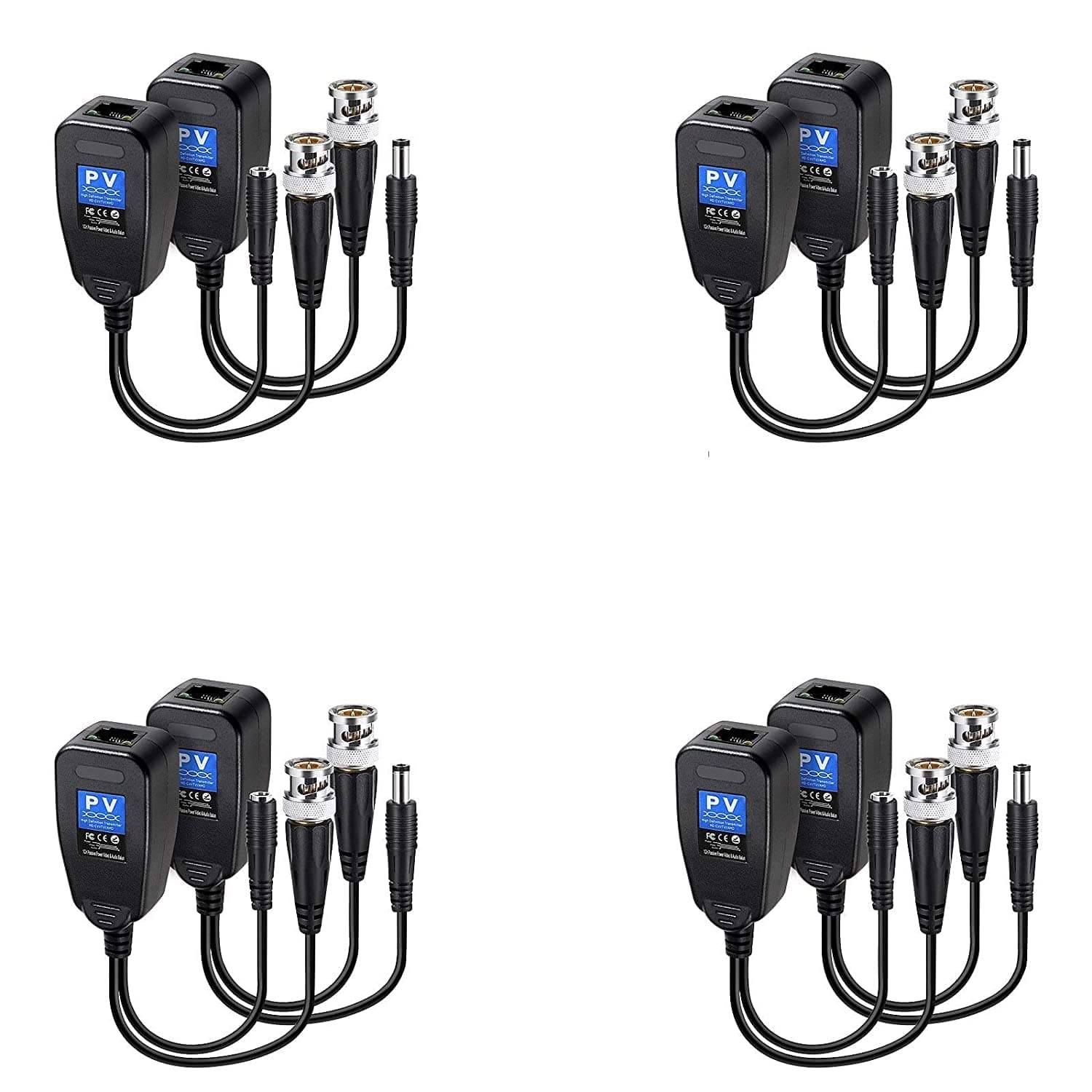 Passive Video Power Balun 8MP BNC DC RJ45 Network Transceiver Cat5/Cat6 Adapter AHD/TVI/CVI/CVBS Full HD CCTV DVR Security Surveillance Camera System (4 Pair)
