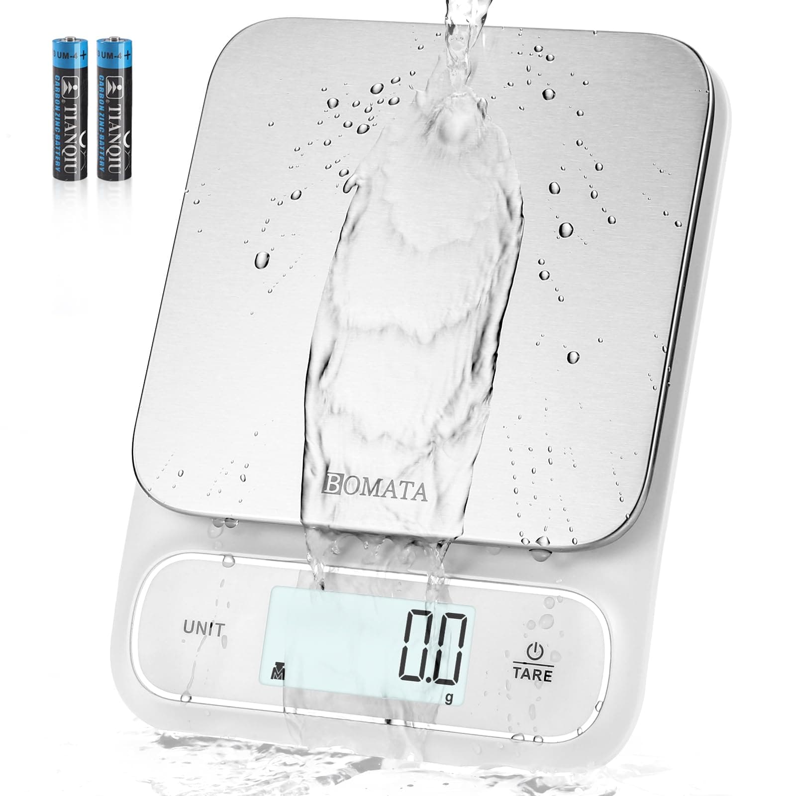 Waterproof IPX6 Kitchen Scale, 0.1g High Precision, Max 5kg, Washable, Stainless Steel Weighing Platform, Digital Scale for Food,Cooking, Weight Loss, etc.AAA White
