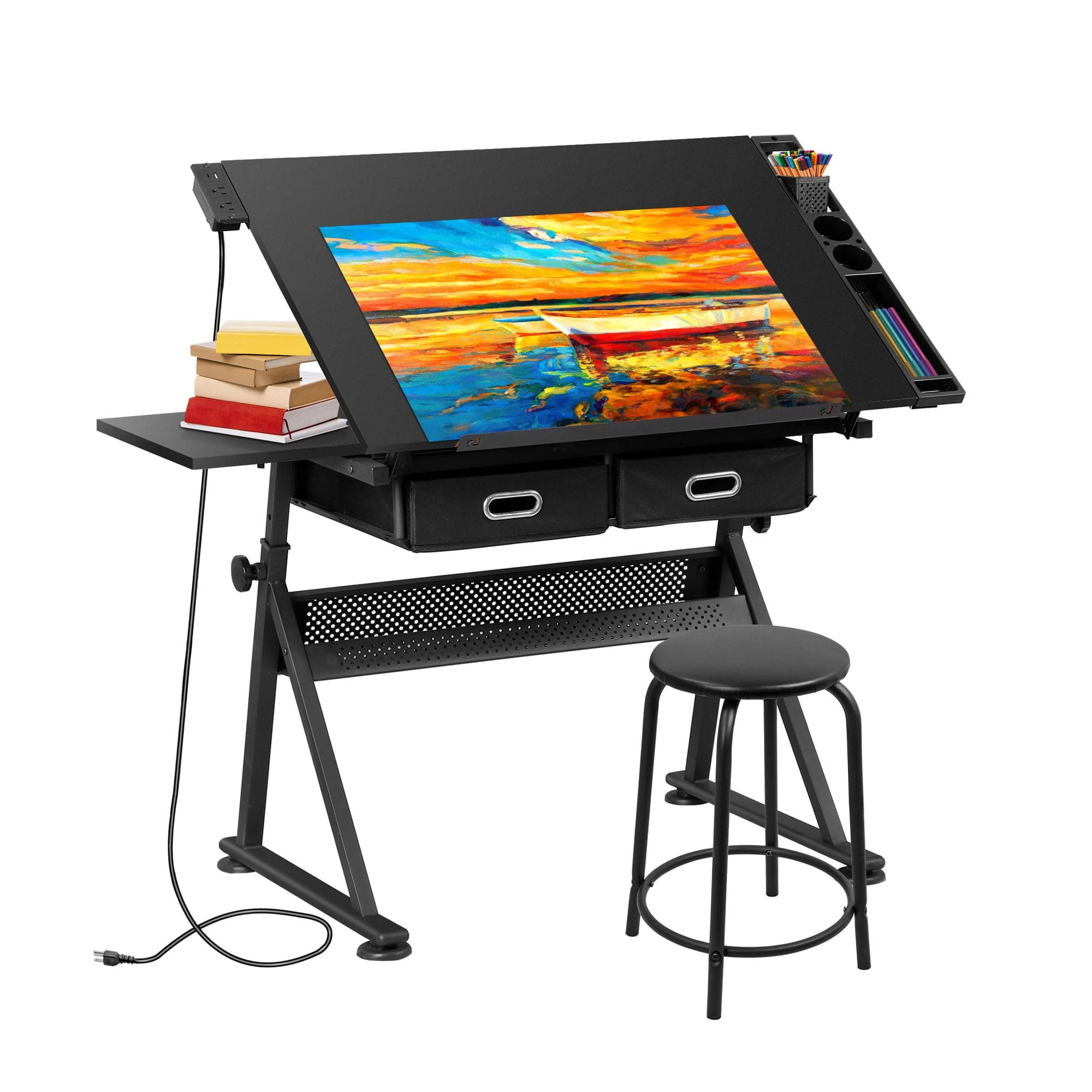 SUPER DEAL Adjustable Drafting Table Set with Charging Station, Art Table for Adults, Artist Table with Stool Multifunctional Craft Workstation with 2 Storage Drawers for Home Office School