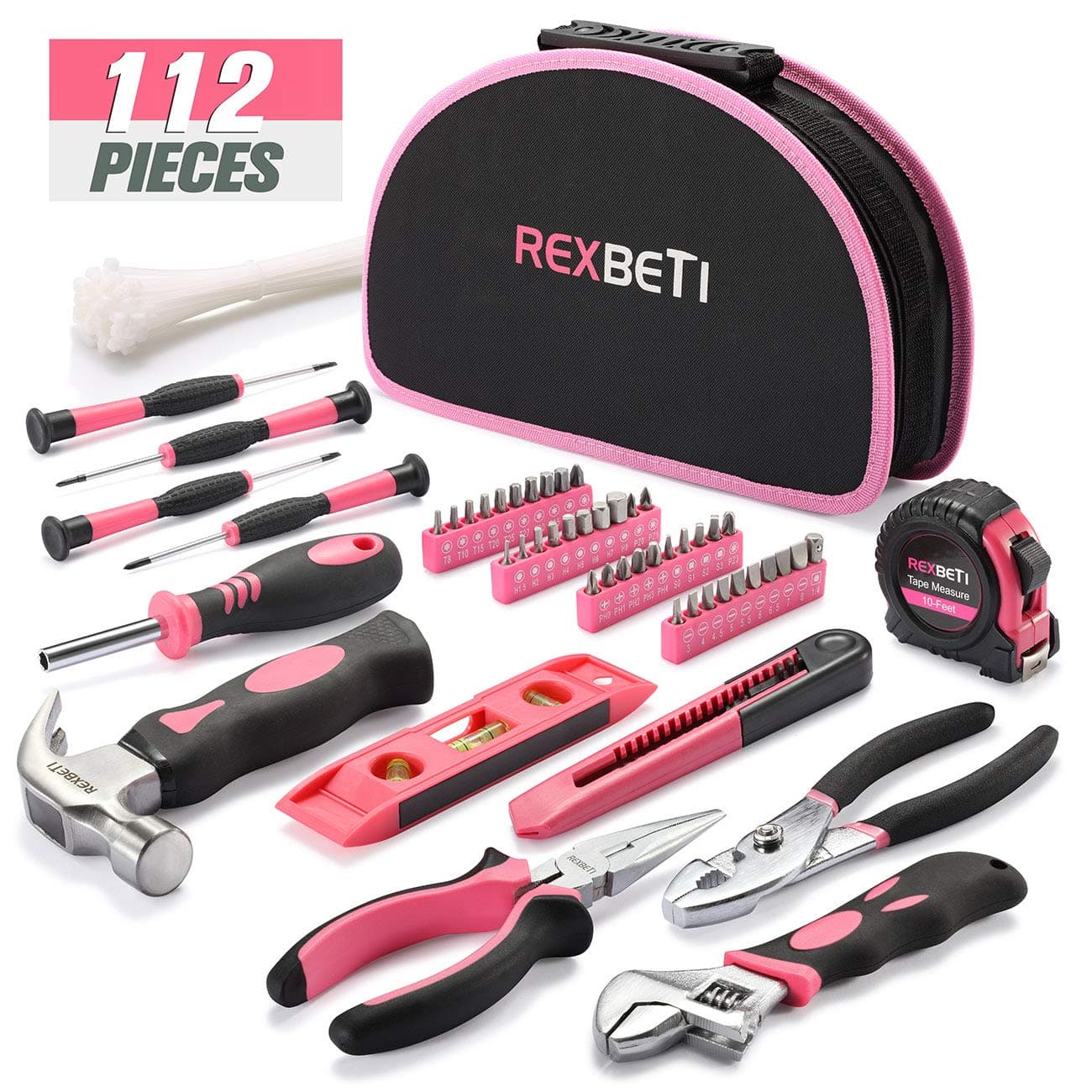 REXBETI 112-Piece Pink Tool Kit, Ladies Premium Solid and Real Hand Tool Set with Easy Carrying Round Pouch, Perfect for Household Projects, Home Maintenance and Dorm Repair