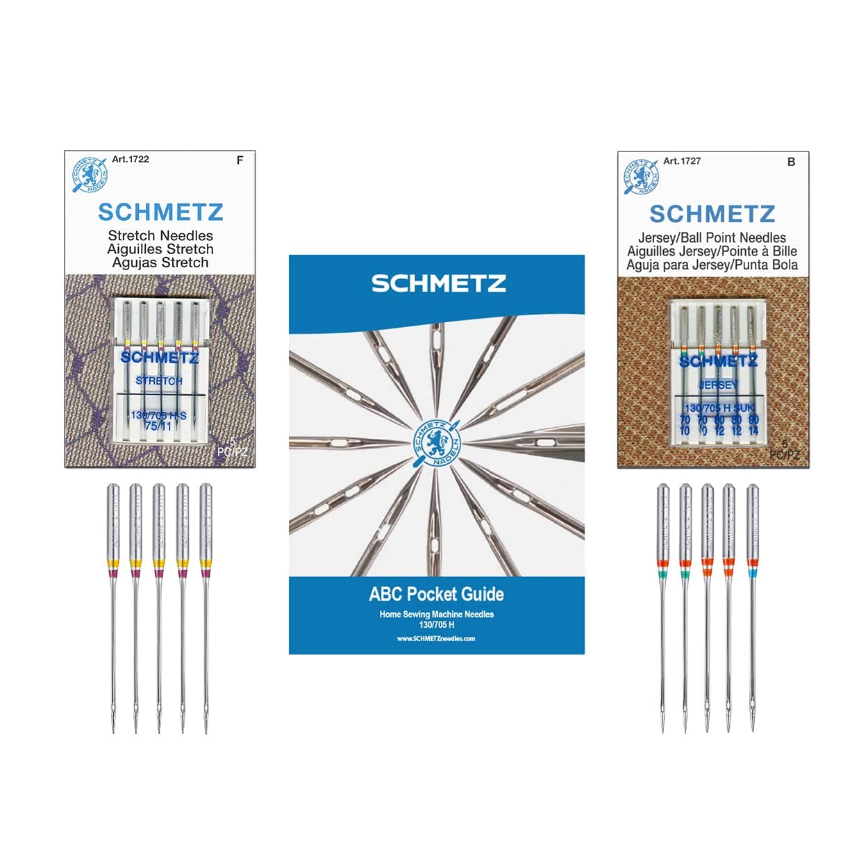 SCHMETZ Stretch and Jersey/Ball Point Sewing Machine Needle Combo Pack (10 Needles Total and 1 SCHMETZ ABC Pocket Guide)