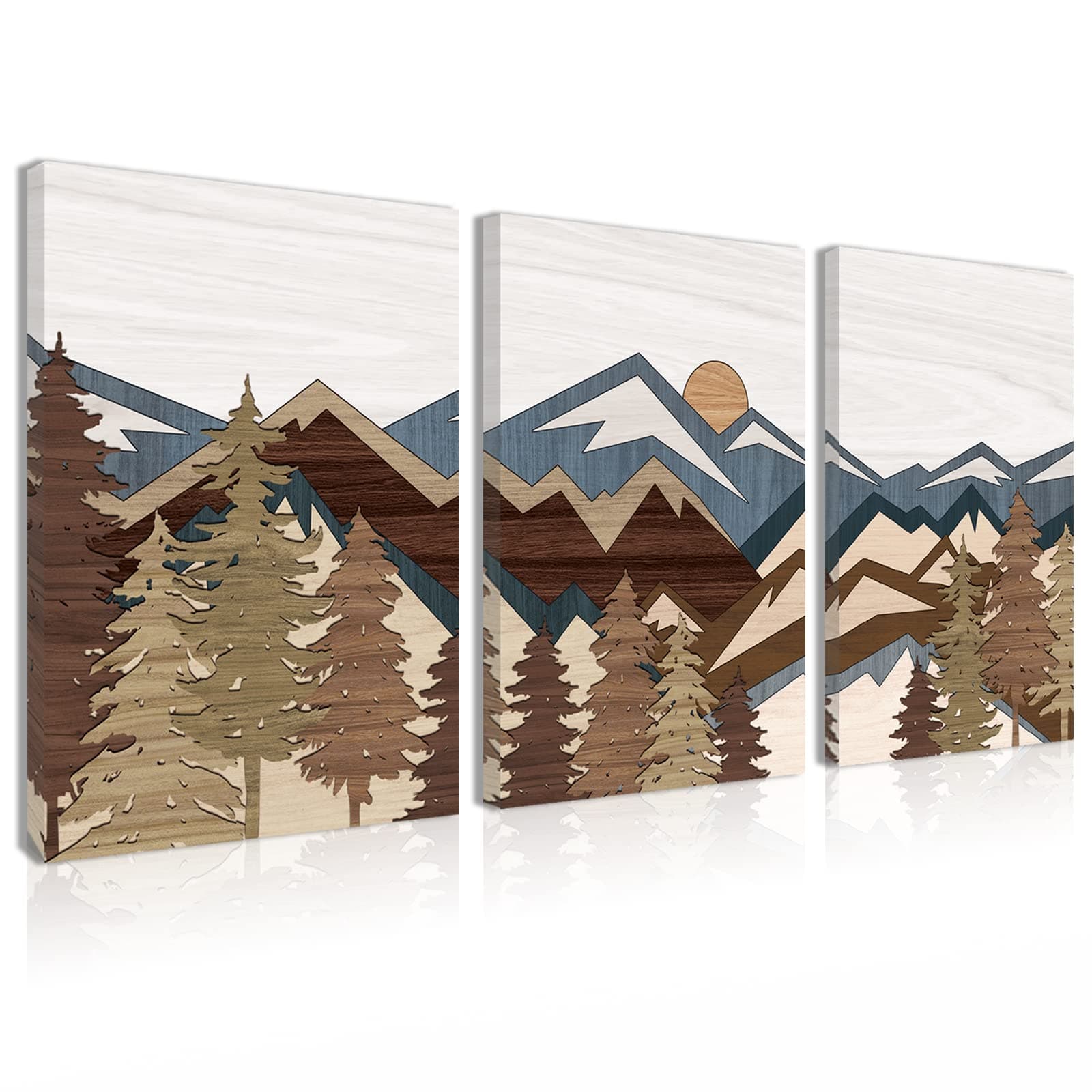 BINCUE Boho Mountain Wall Art Framed Mountains Office Canvas 3 Piece Artwork 12x16 Inch for Living Room Bedroom Décor