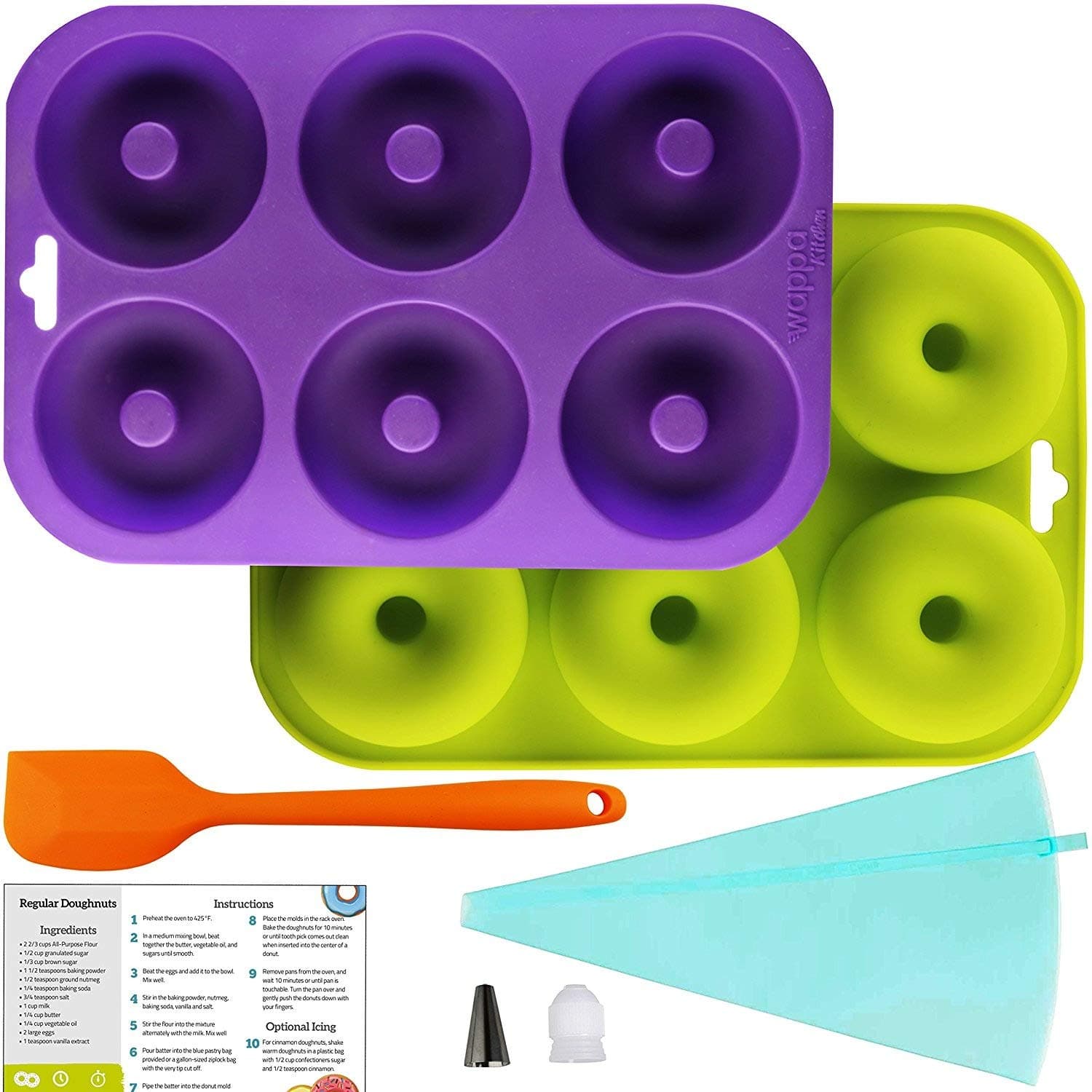 Professional 2-Pack Donut Pan Set | Makes 12 Full Size Donuts, BPA Free, Super Non-Stick | Pack Comes With 1 Spatula and 1 Pastry bag (Purple/Green)