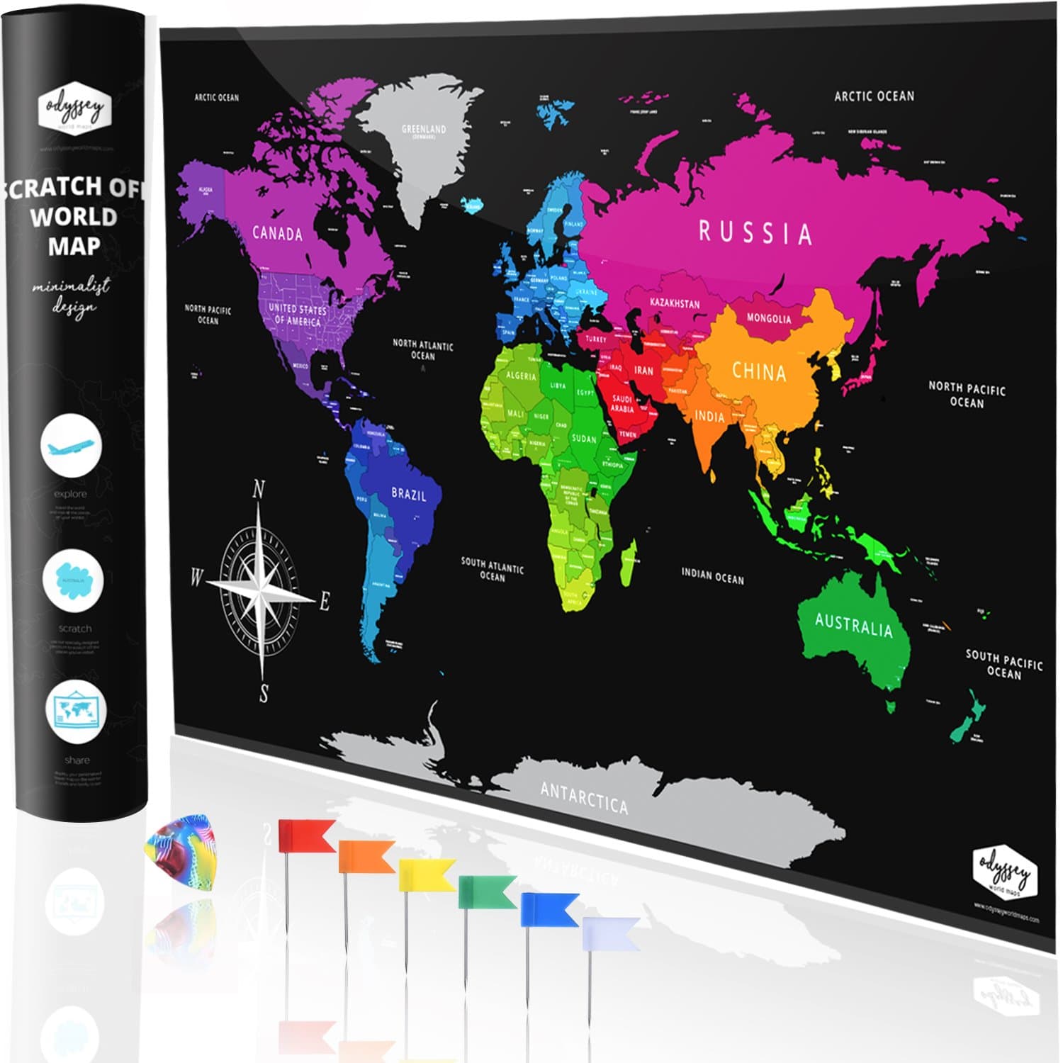 Large Premium Full Color Scratch Off World Map (34.5" x 21.5") Easy Scratch Technology, with Map Pins, Scratcher Accessories, and Scratchable Detailed US States (by Odyssey World Maps)
