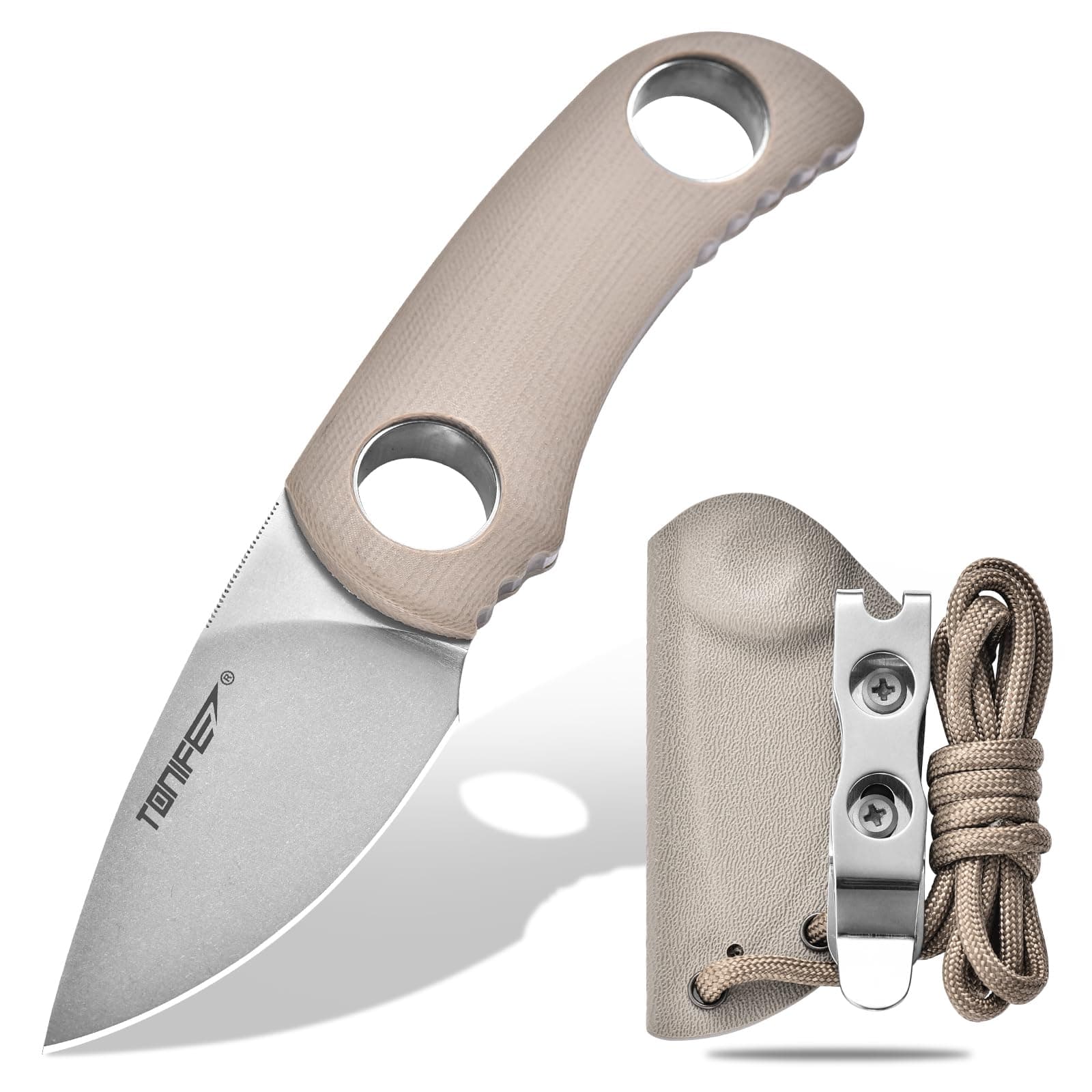 Fixed Blade Knife 4.8cm, Mini Neck Knife with Kydex Sheath and Cord, EDC Portable Fixed Knife for Outdoor Survival