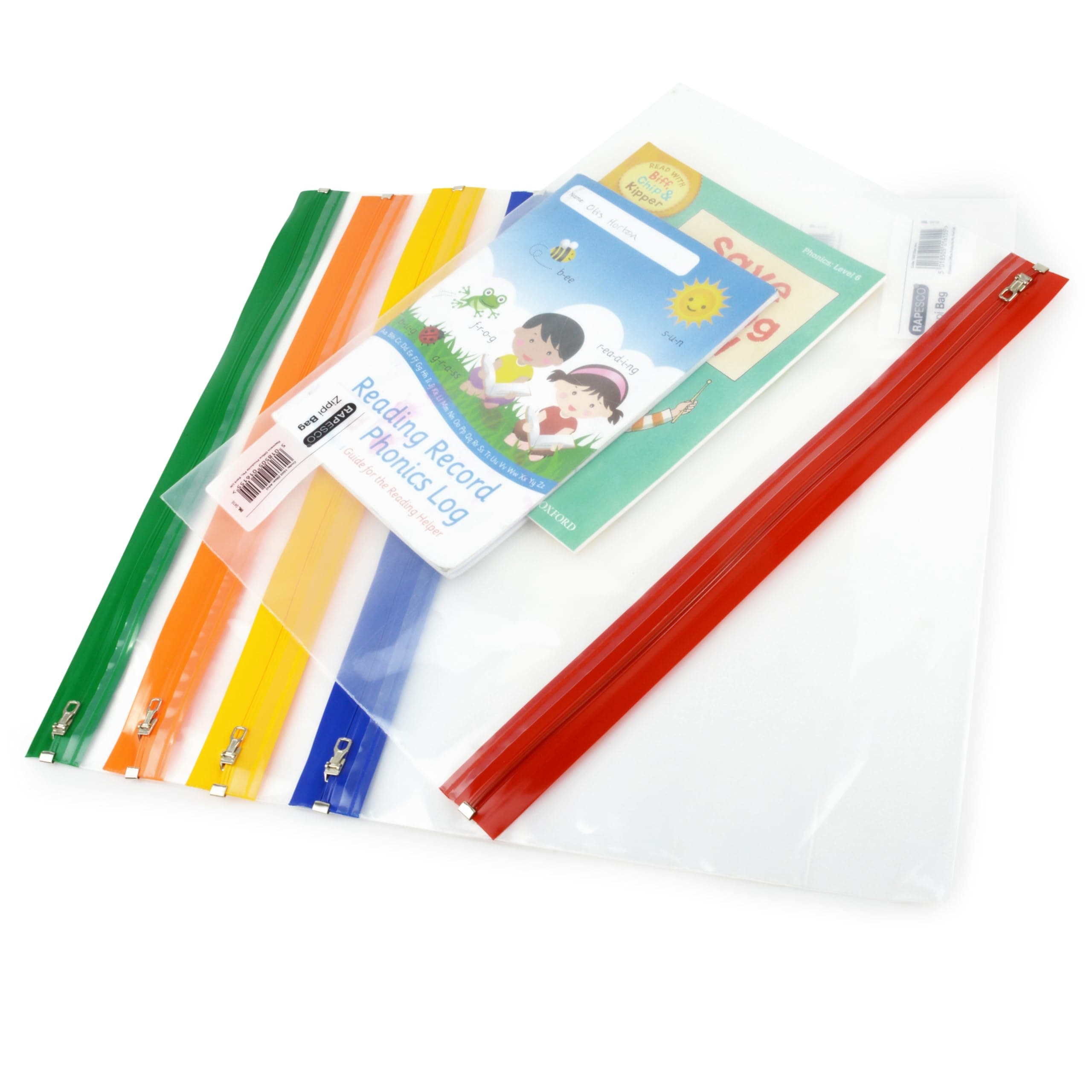 Rapesco 1503 Plastic Wallet Zip Folder, Metal Zip, A4+, Transparent with Assorted Coloured Strips, Pack of 5