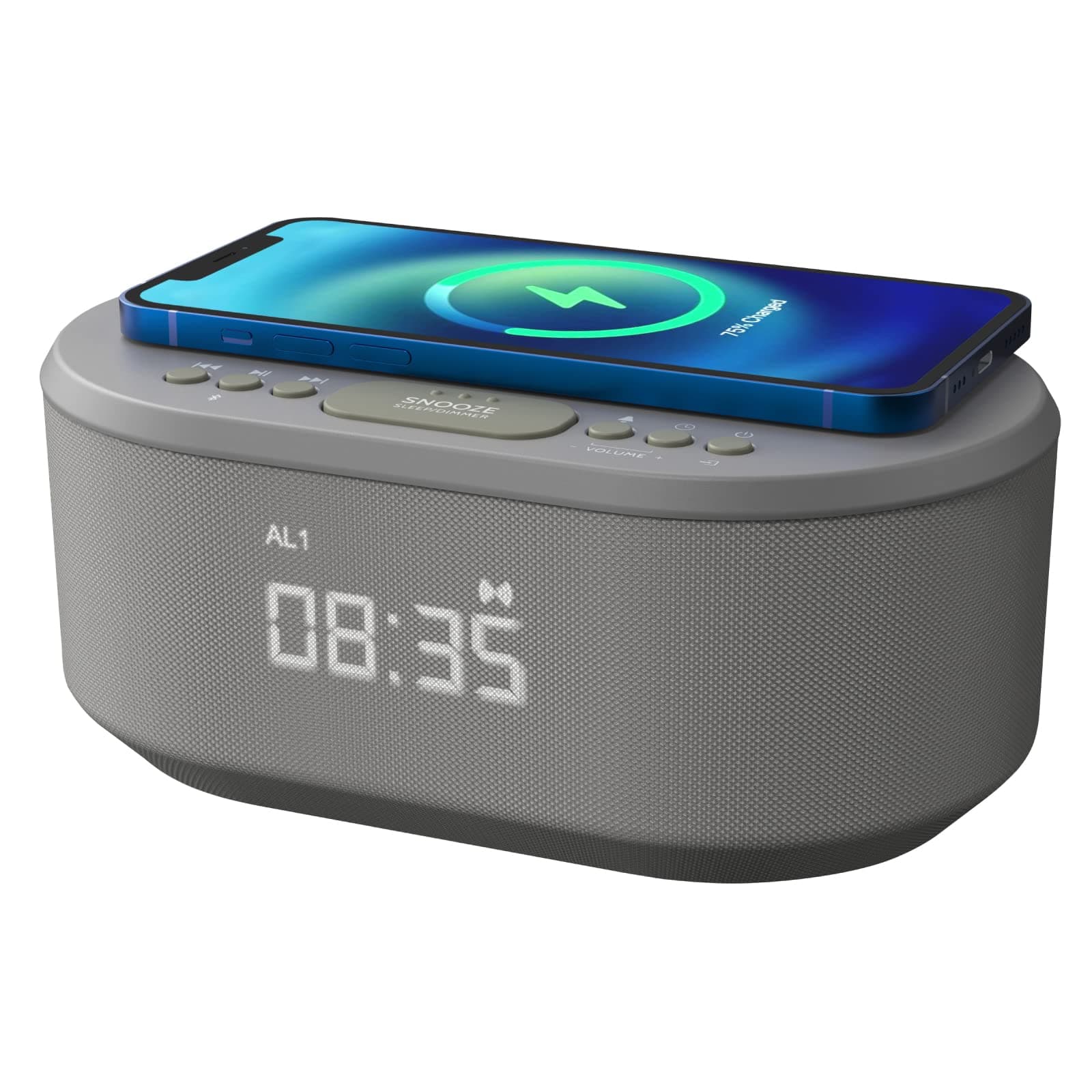 Alarm Clocks Bedside, Alarm Clock with Wireless Charging, Bluetooth Speaker, Radio Alarm Clock, Fast Qi Wireless Charger, Mains Powered, FM Radio, USB Charging Port, Dimmable, Non Ticking