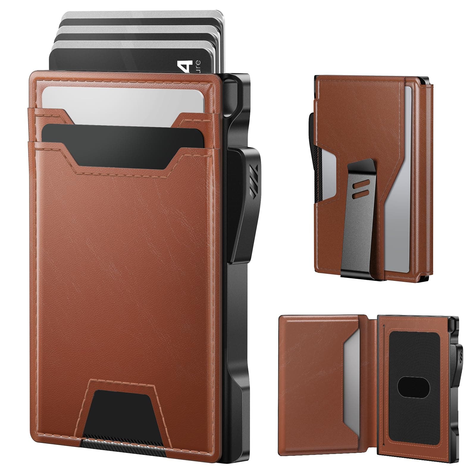 Wallet for Men: Rfid-blocking with Money Clip Slim Leather Bifold ID Window Smart Pop Up Card Case Front Pocket Wallet with Gift Box (Light Brown)